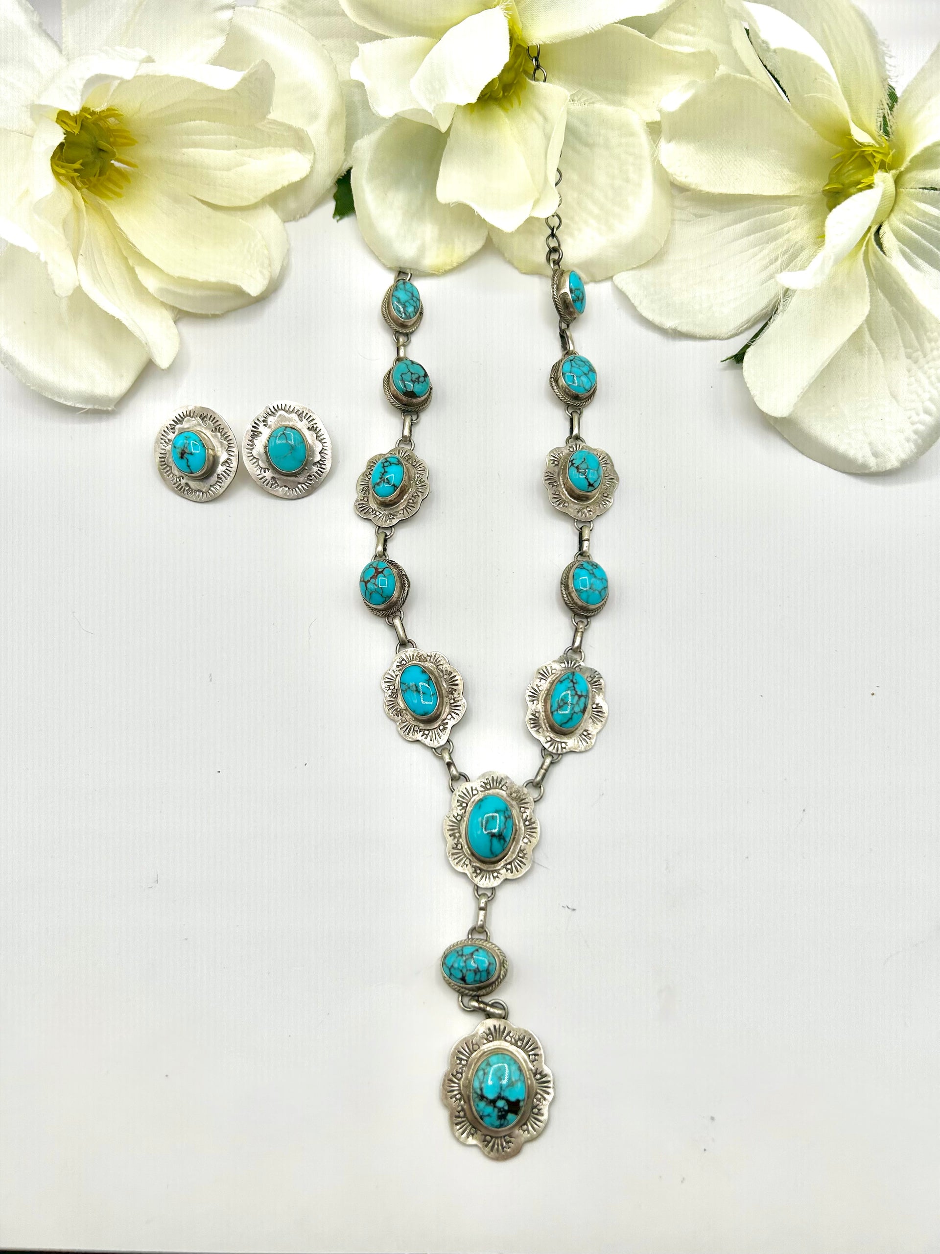 Navajo Made Egyptian Turquoise & Sterling Silver Necklace Set