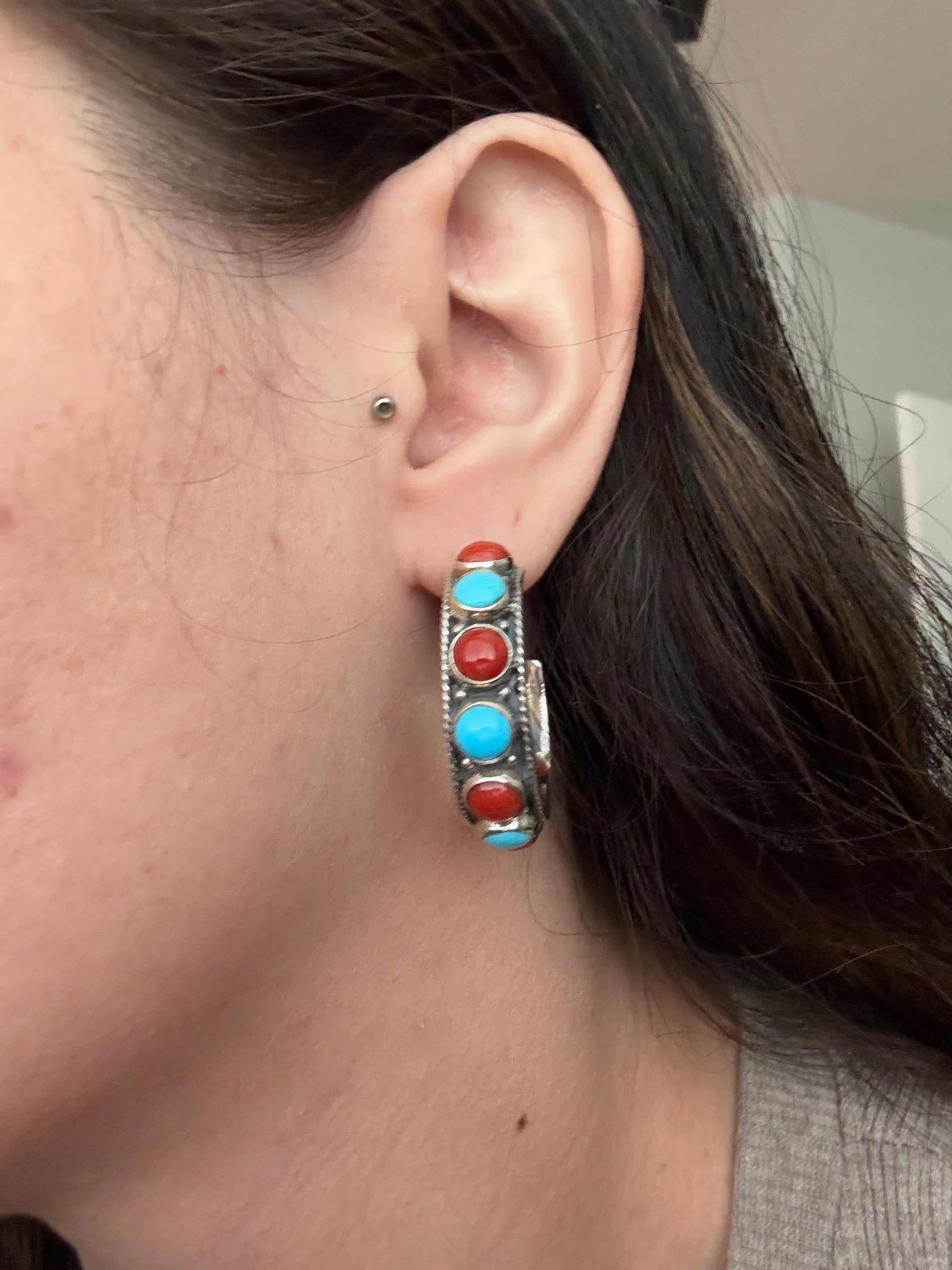 Navajo Made Multi Stone & Sterling Silver Hoop Earrings