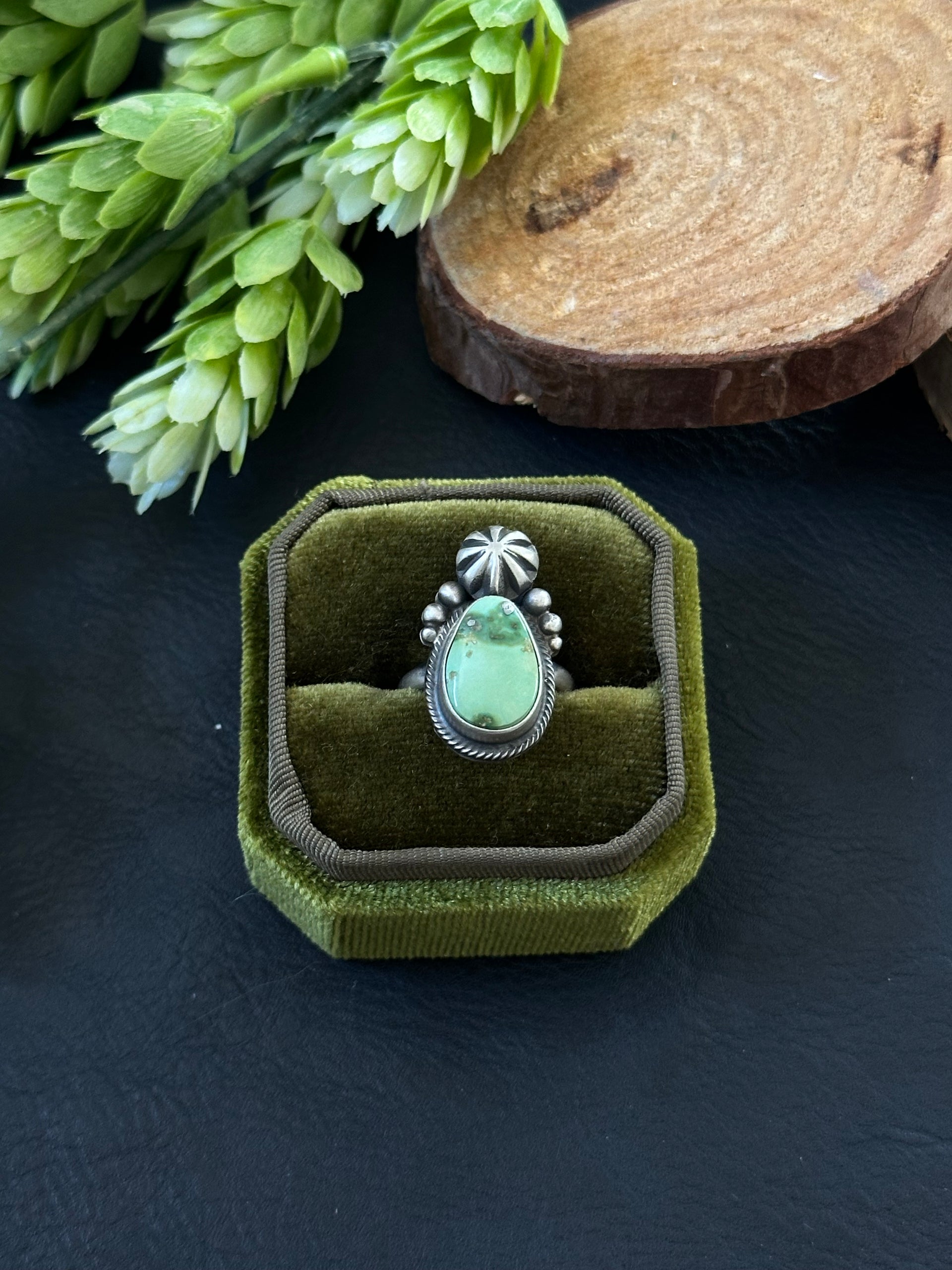 Marie Tsosie Sonoran Gold Turquoise & Sterling Silver Ring Size 5.25