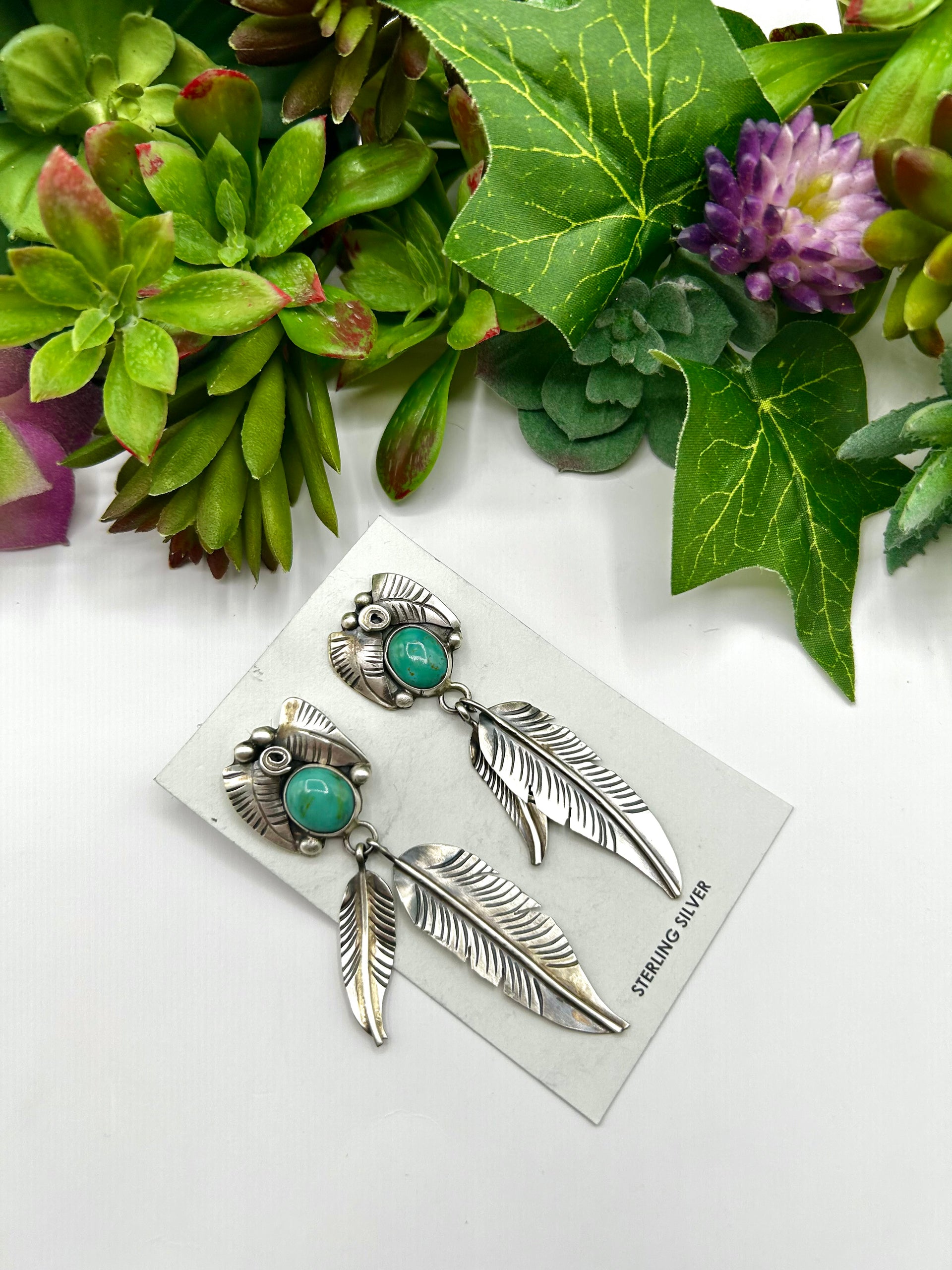 Navajo Made Kingman Turquoise & Sterling Silver Post  Dangle Earrings