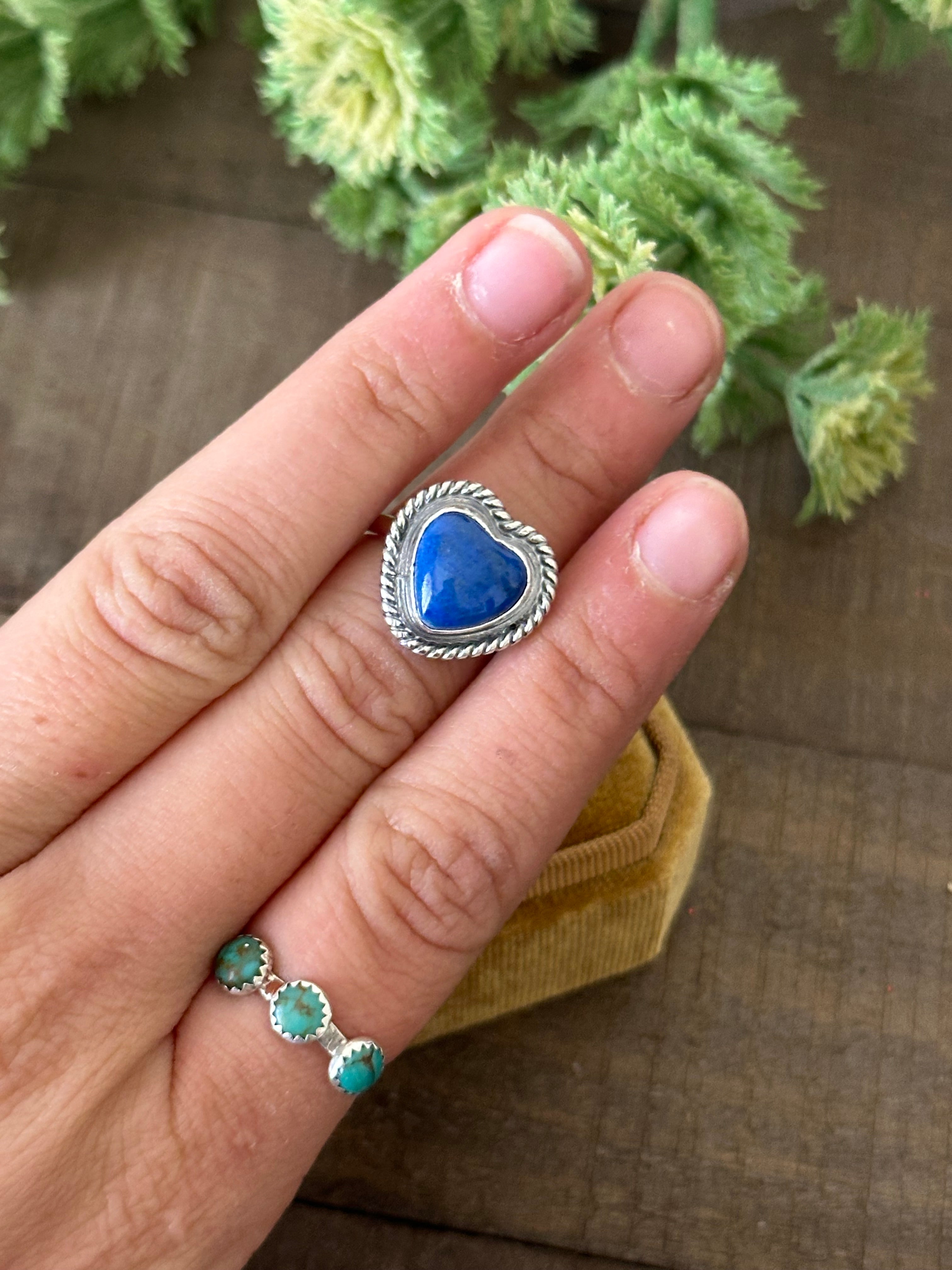 Navajo Made Lapis & Sterling Silver Heart Adjustable Ring