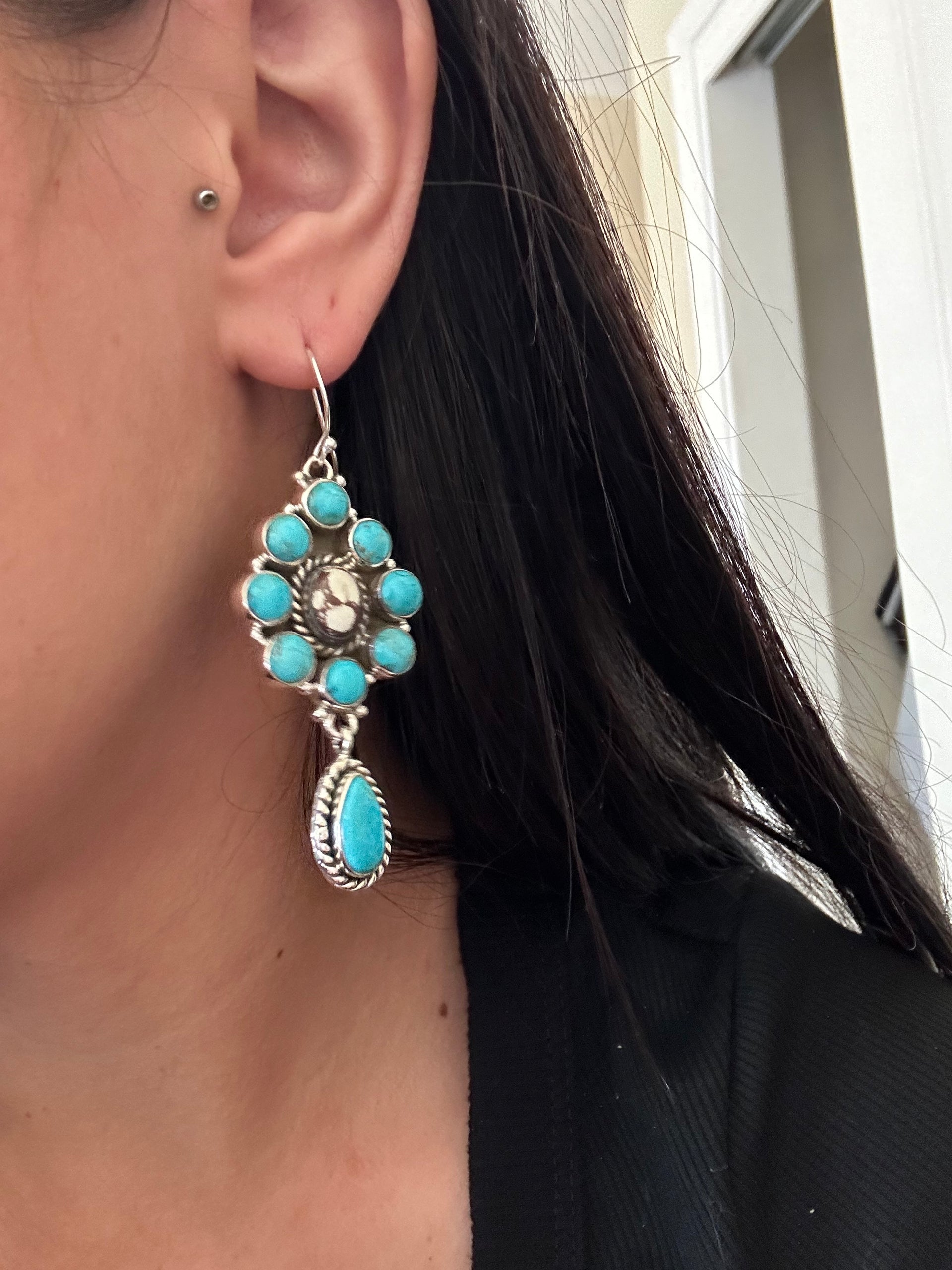 Southwest Handmade Multi Stone & Sterling Silver Dangle Cluster Earrings