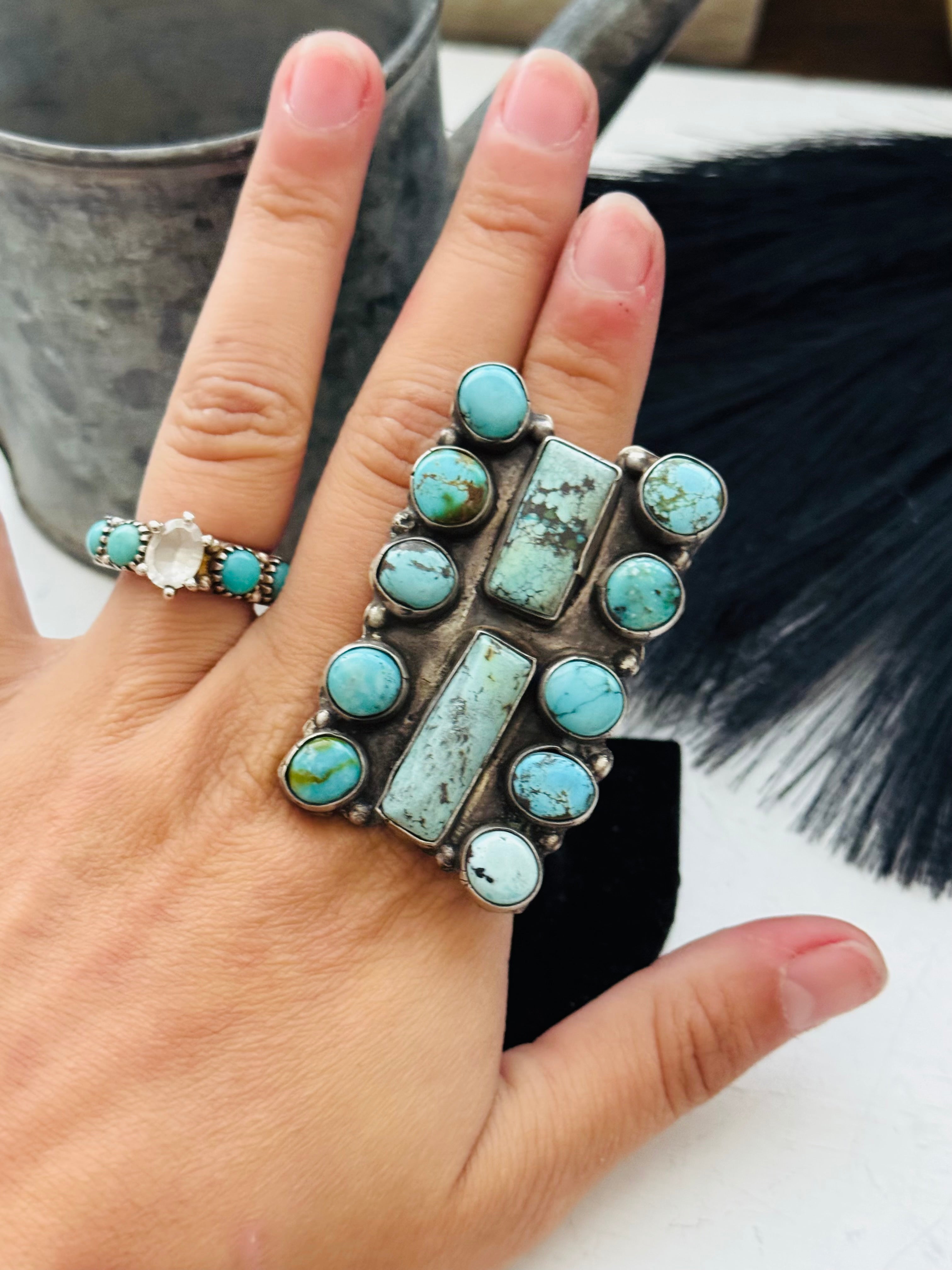 Navajo Made Kingman Turquoise & Sterling Silver Ring Size 8