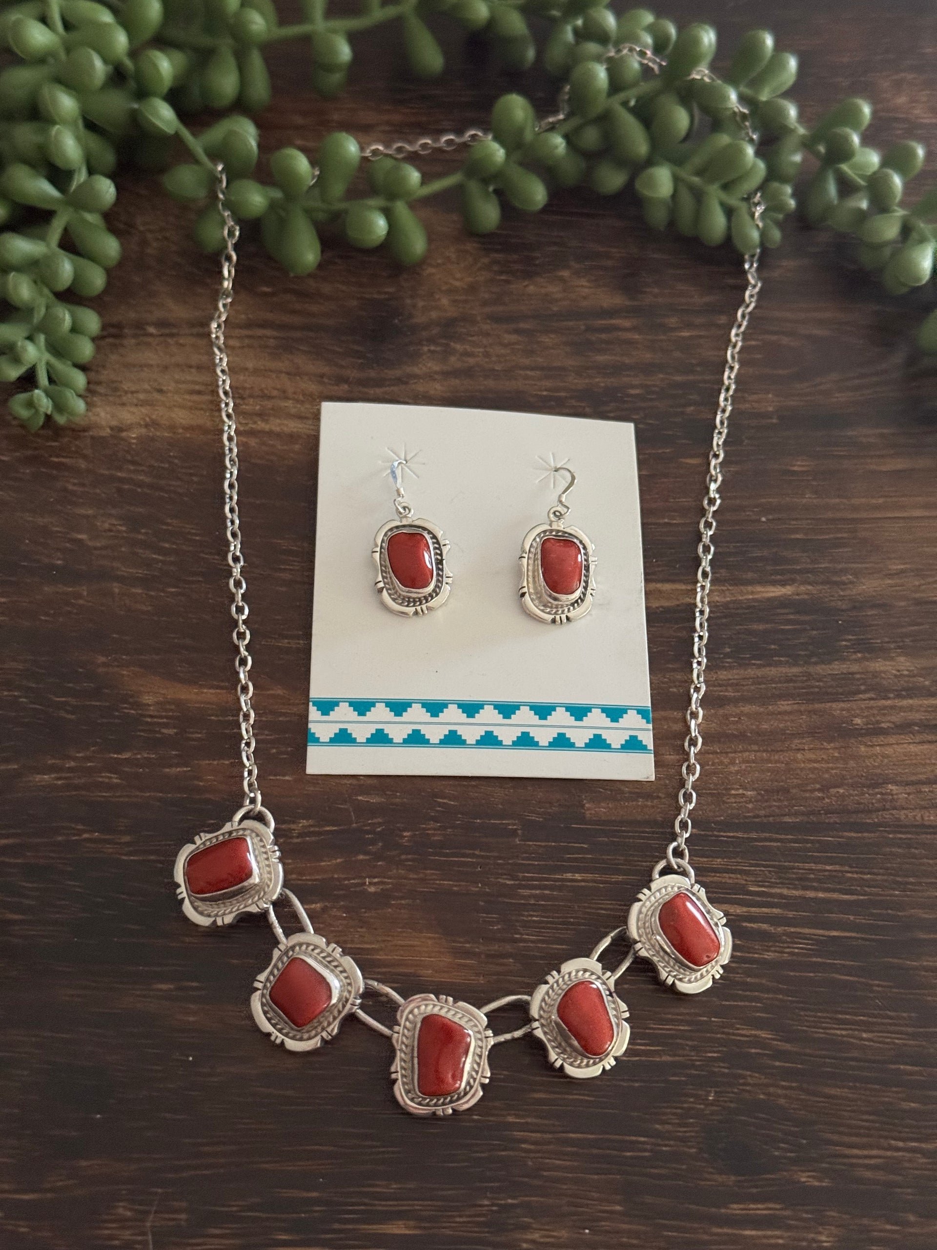 Navajo Made Natural Coral & Sterling Silver Necklace Set