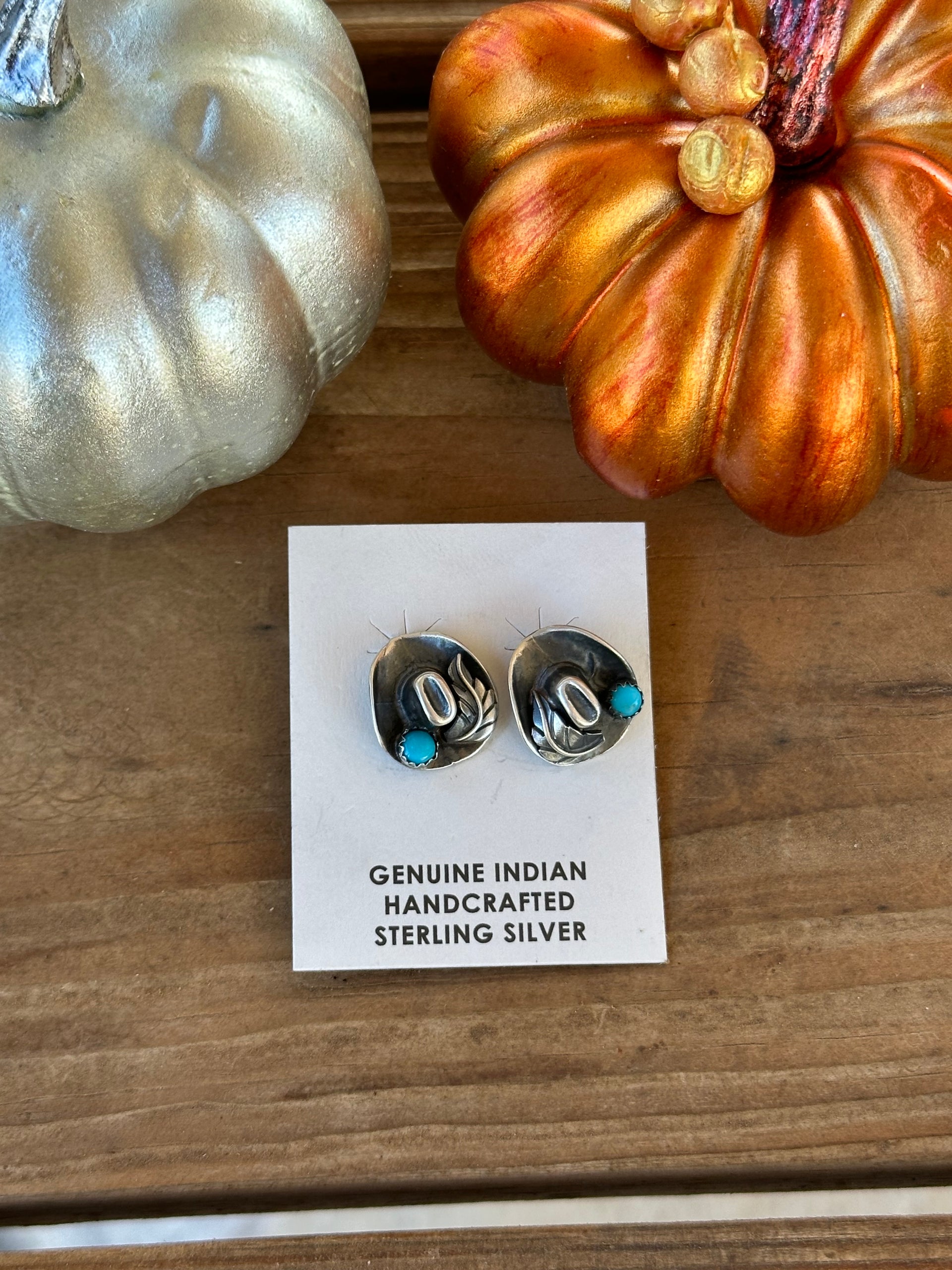 Navajo Handmade Turquoise & Sterling Silver Post Cowboy Hat Earrings
