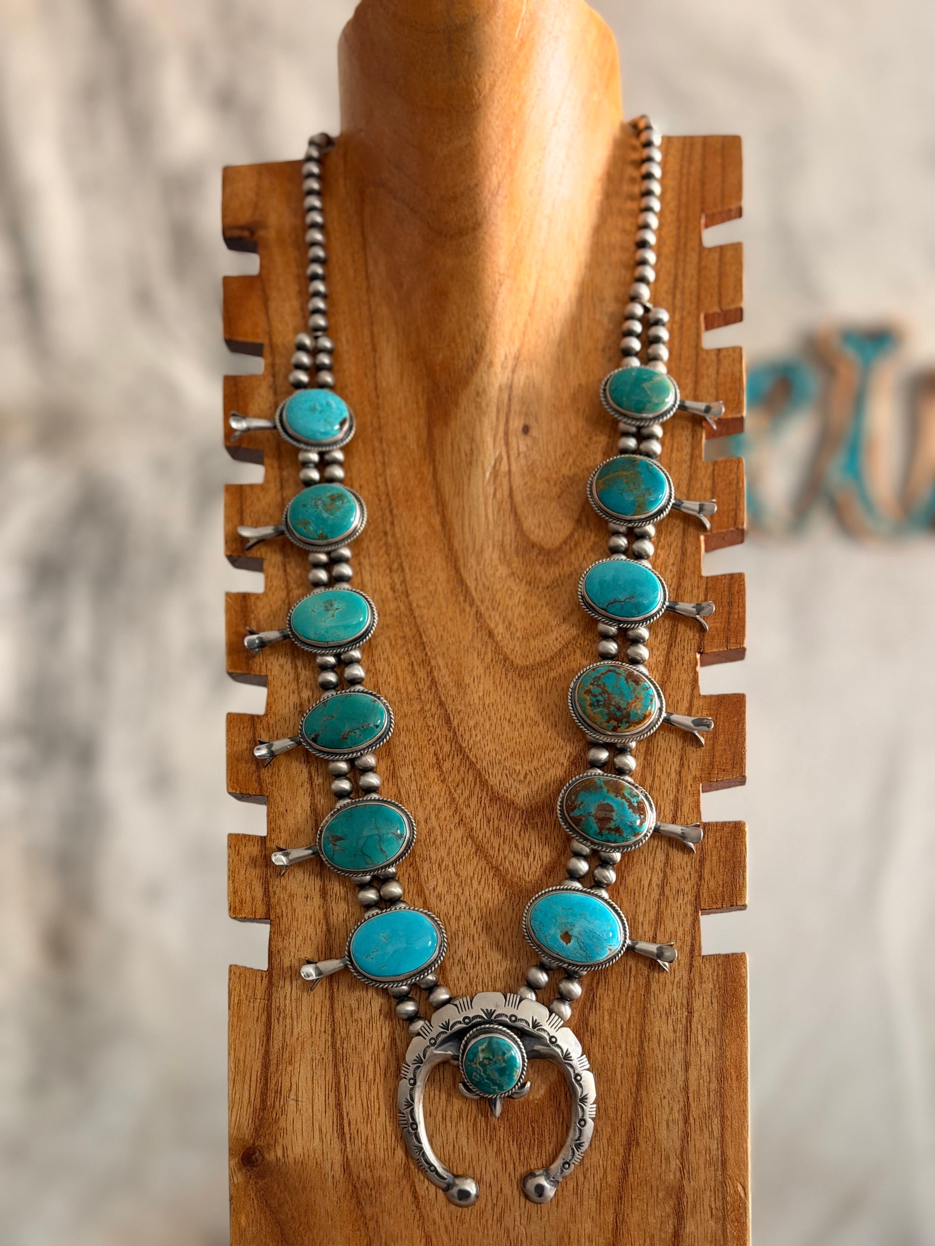 Navajo Made Royston Turquoise & Sterling Silver Squash Blossom Necklace Set