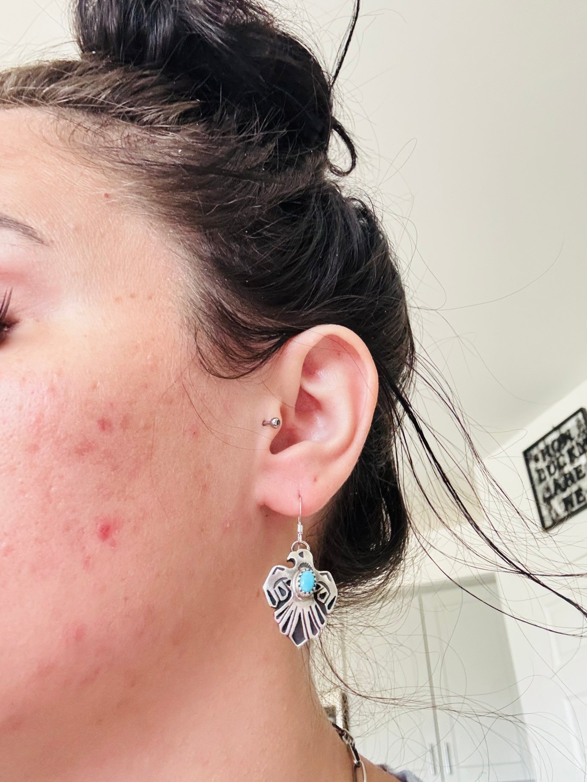 Genevieve Francisco Kingman Turquoise & Sterling Silver Dangle Thunderbird Earrings