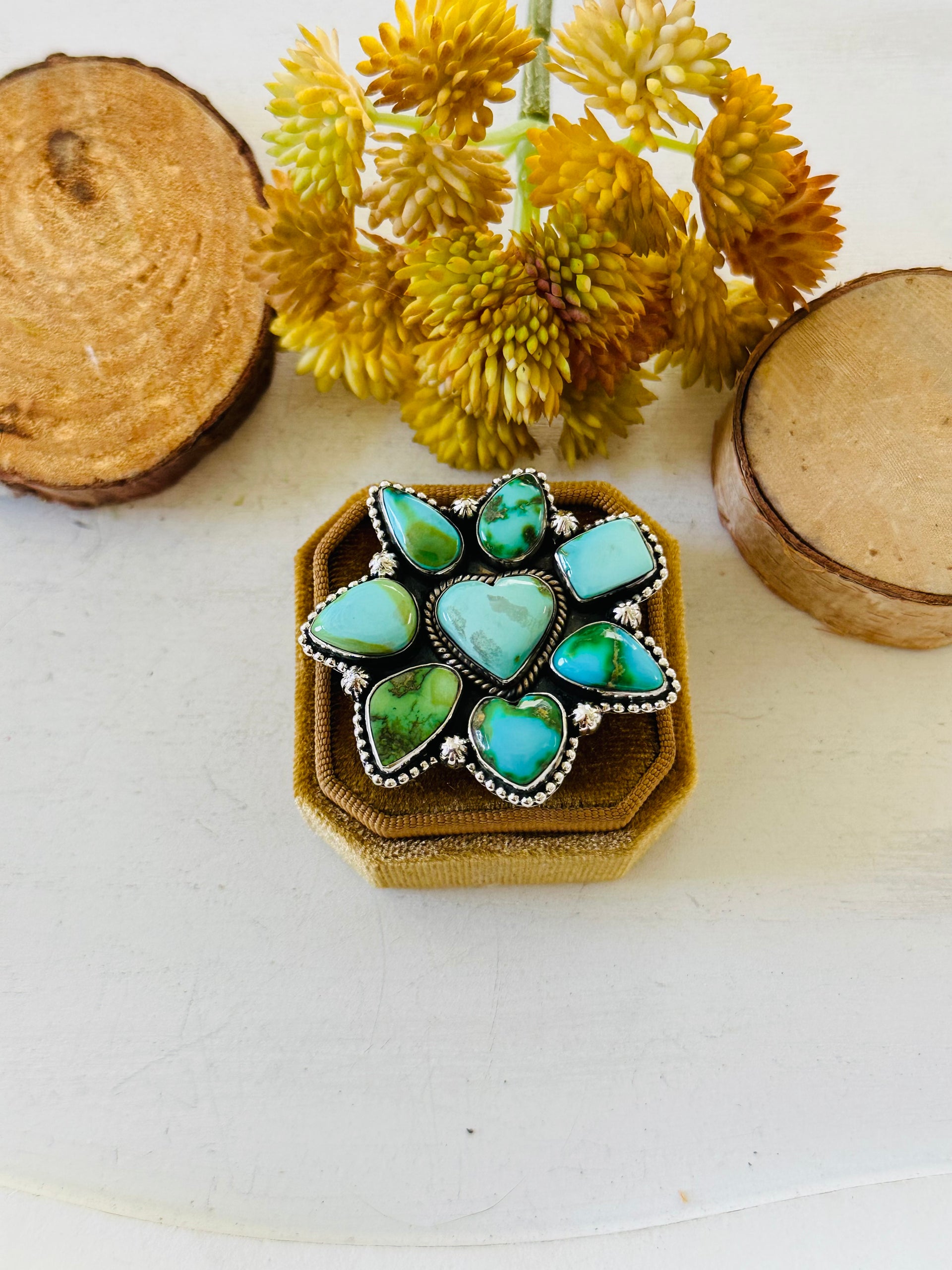 Southwest Handmade Sonoran Mountain Turquoise & Sterling Silver Adjustable Cluster Ring