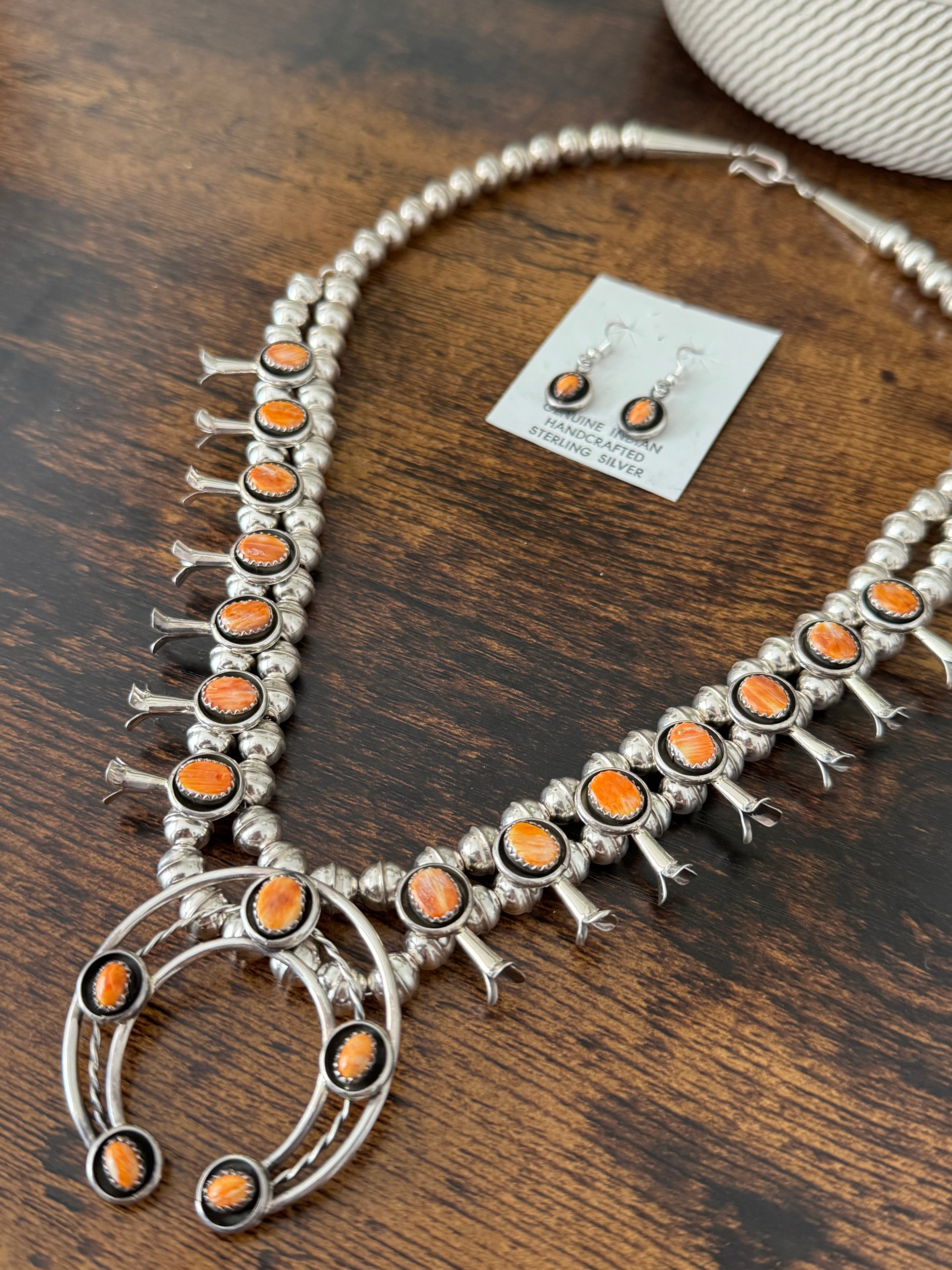 Navajo Made Spiny Oyster & Sterling Silver Squash Blossom Necklace Set