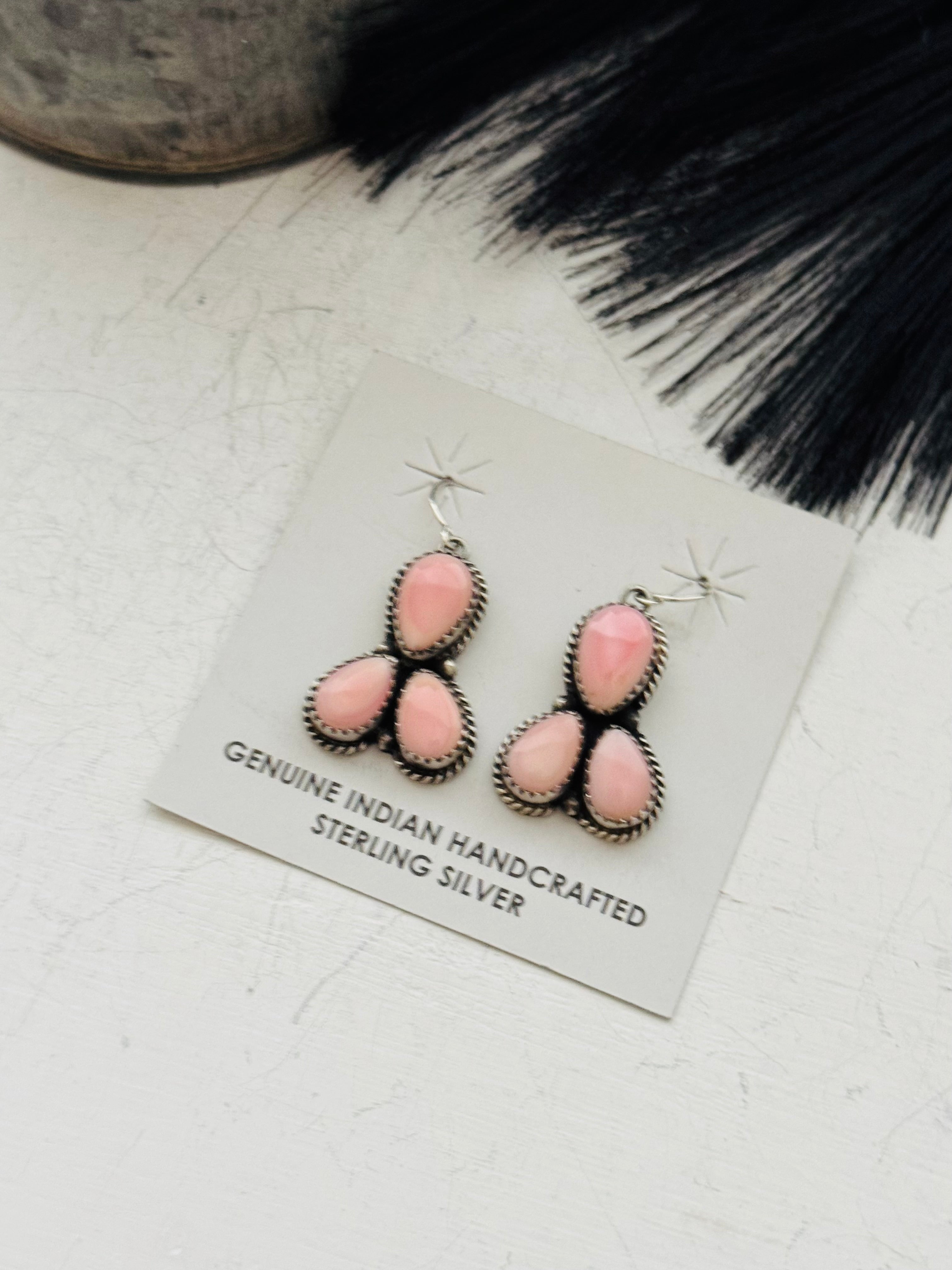 Freda Martinez Pink Conch & Sterling Silver Dangle Earrings