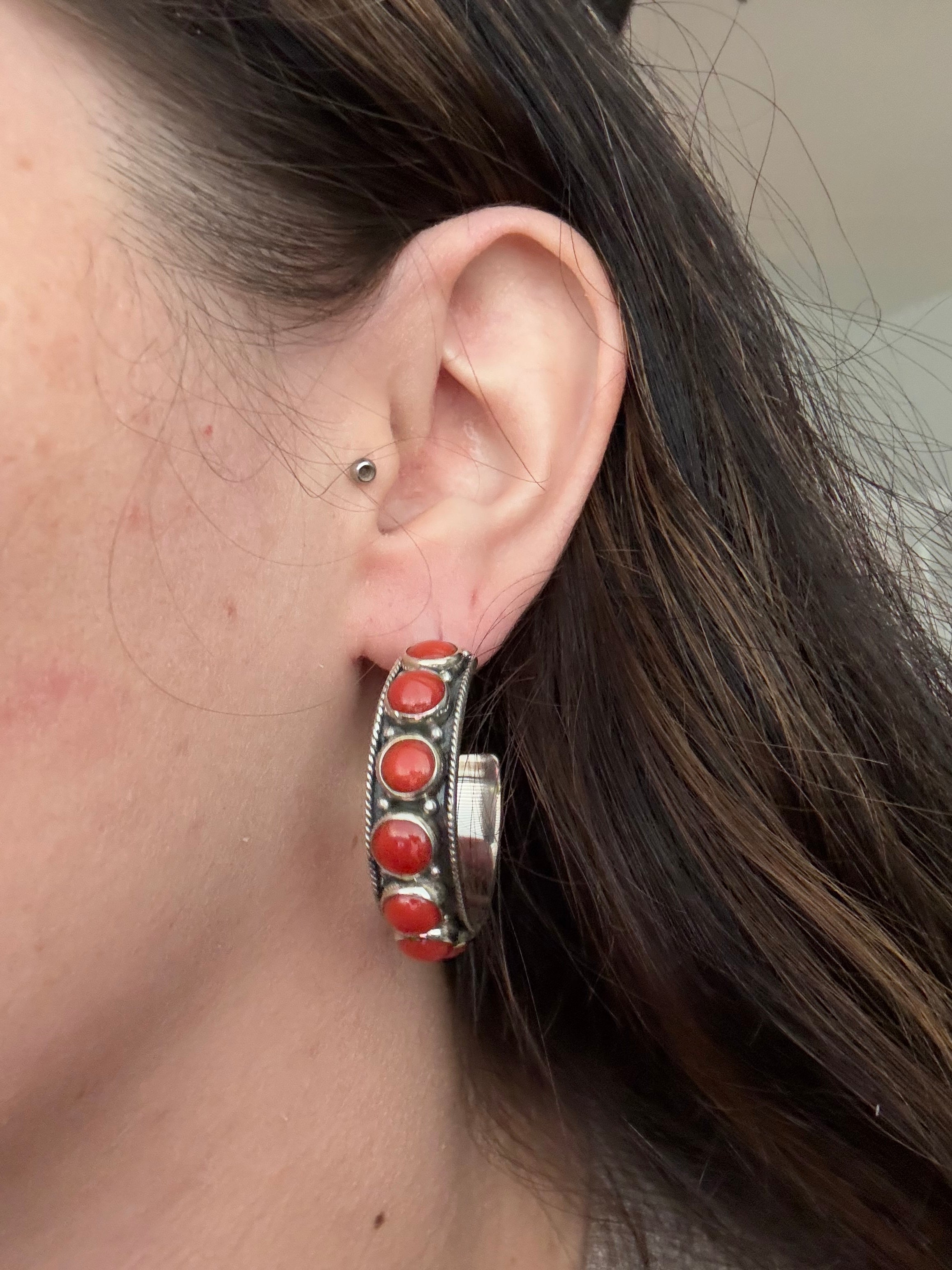 Navajo Made Coral & Sterling Silver Hoop Earrings