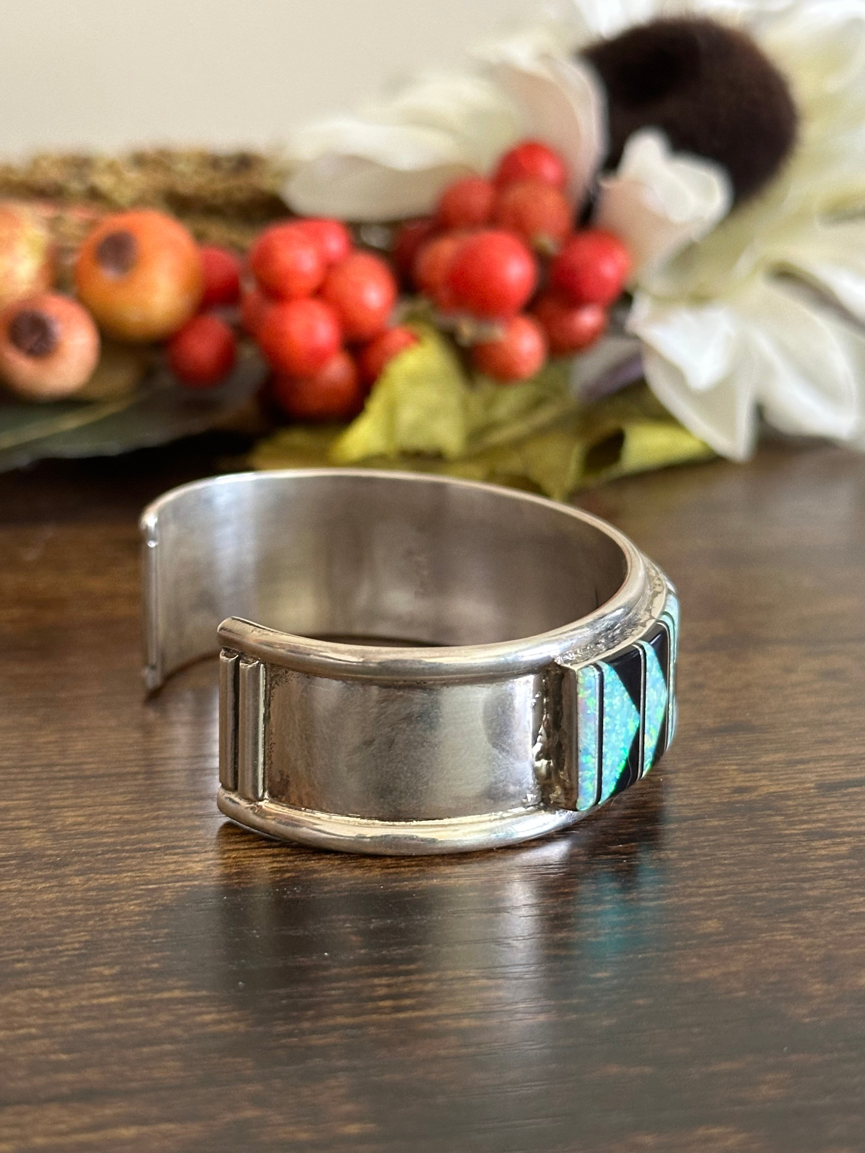 Zuni Made Multi Stone & Sterling Silver Inlay Cuff Bracelet