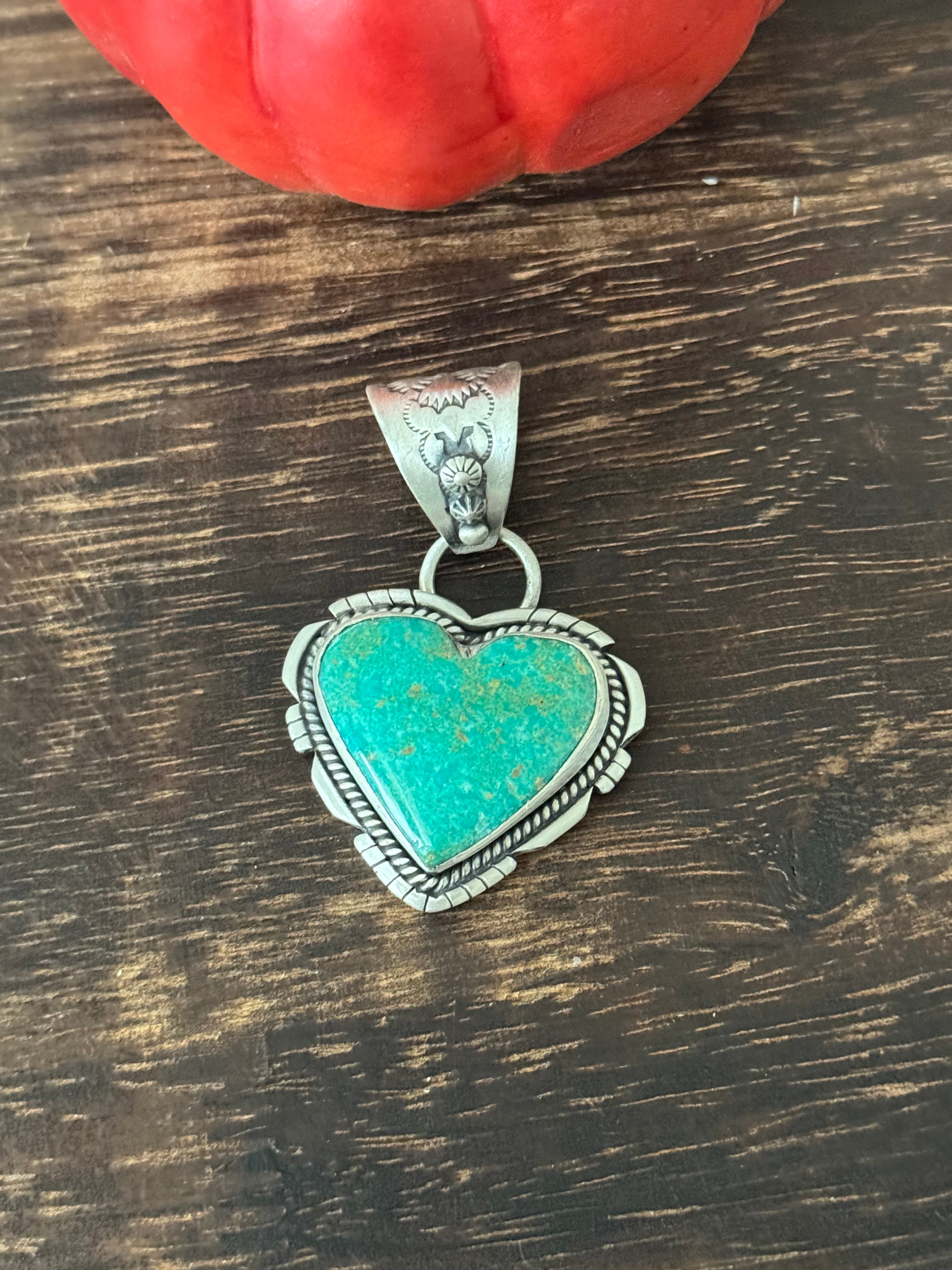 Navajo Made Kingman Turquoise & Sterling Silver Heart Pendant