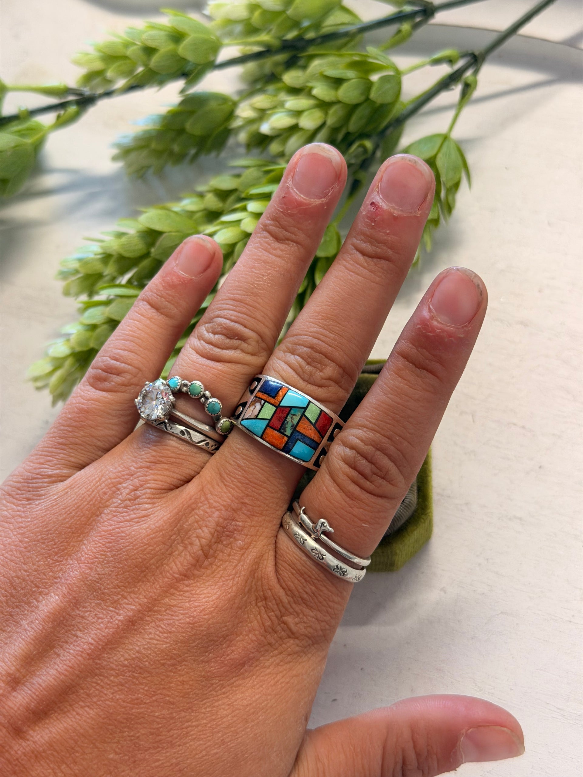 Navajo Made Multi Stone & Sterling Silver Inlay Ring Size 10.25