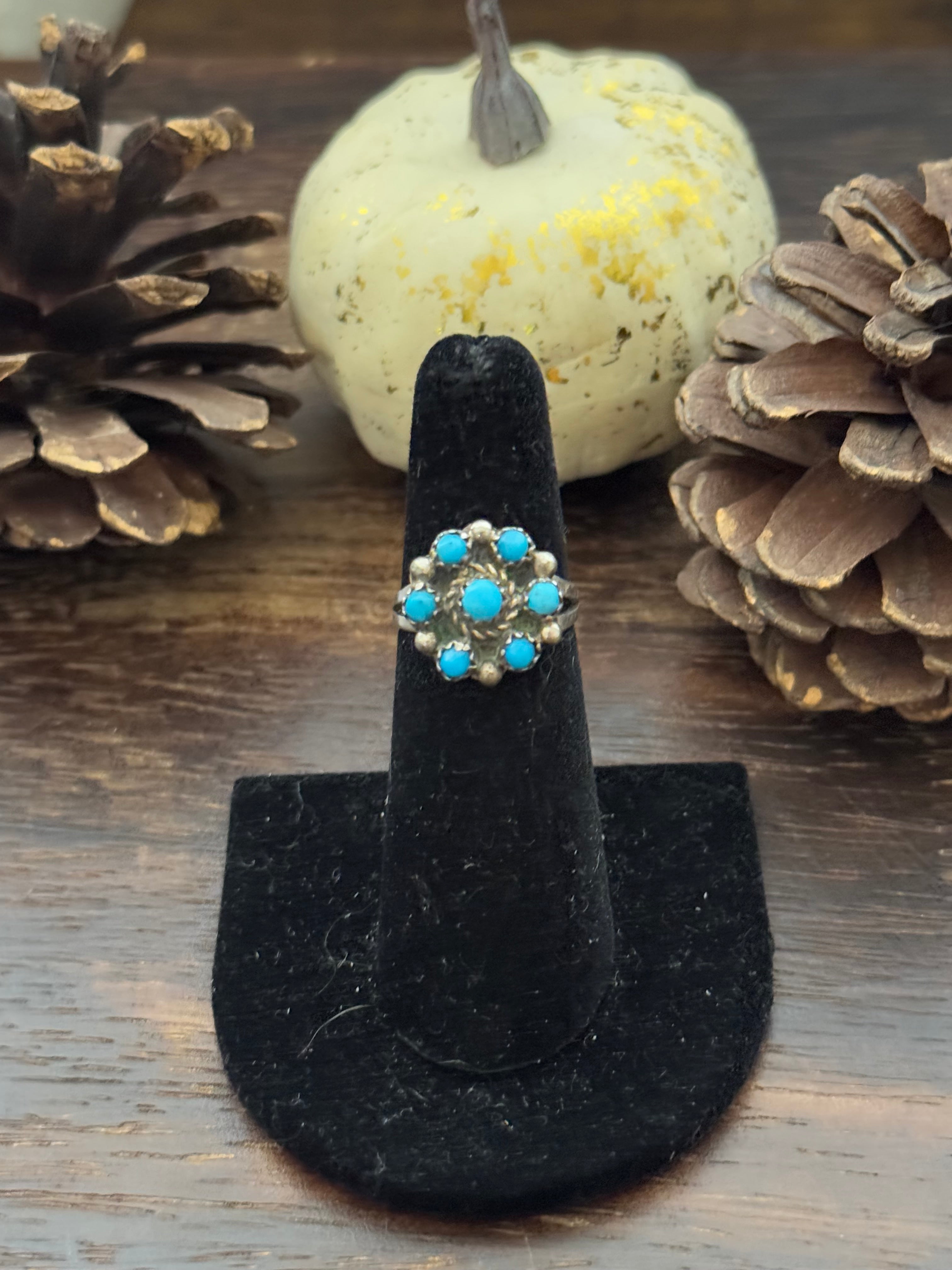 Vintage Zuni Made Kingman Turquoise & Sterling Silver Cluster Ring Size 5