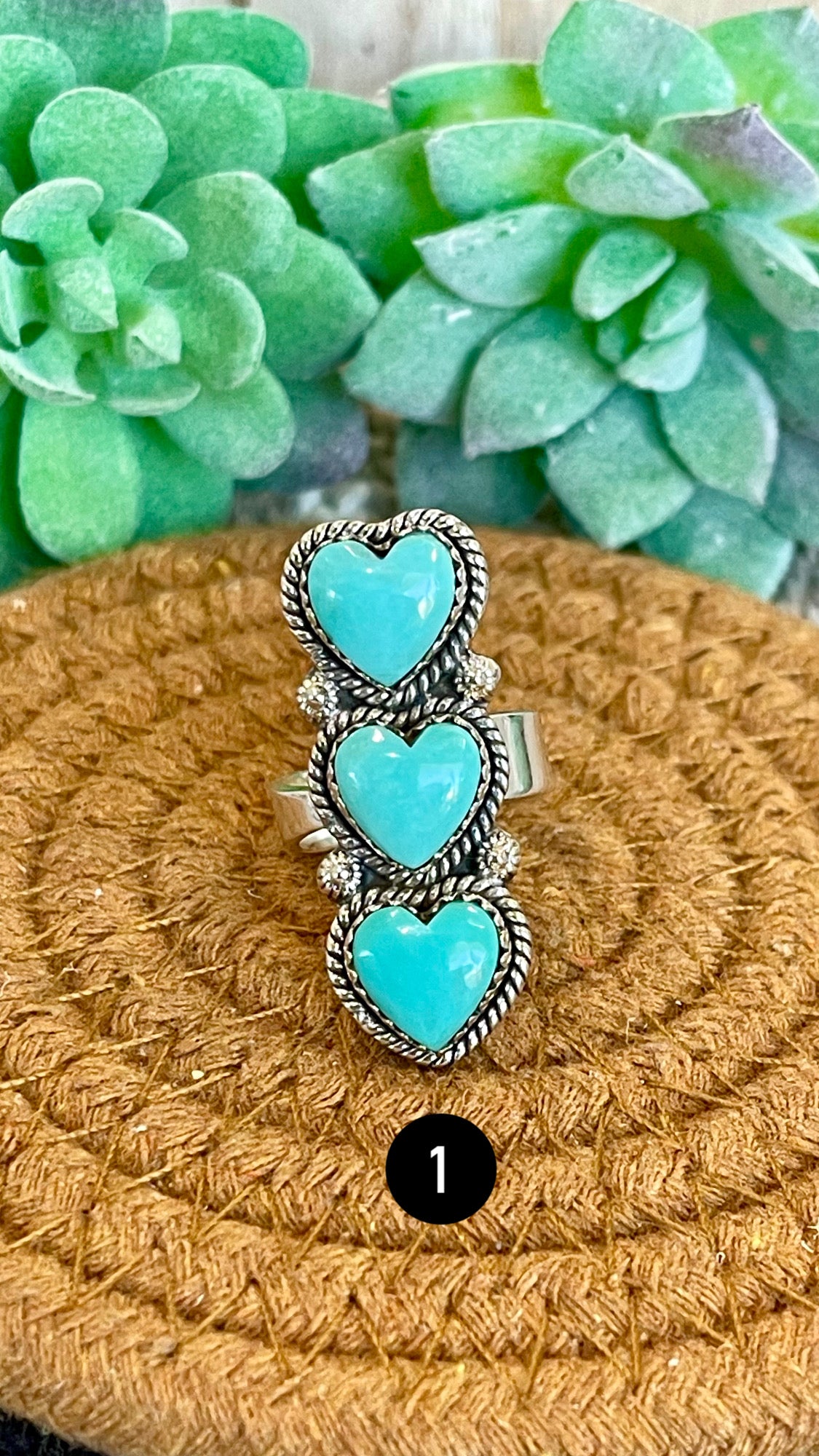 Southwest Handmade Kingman Turquoise & Sterling Silver Adjustable 3 Stone Heart  Ring