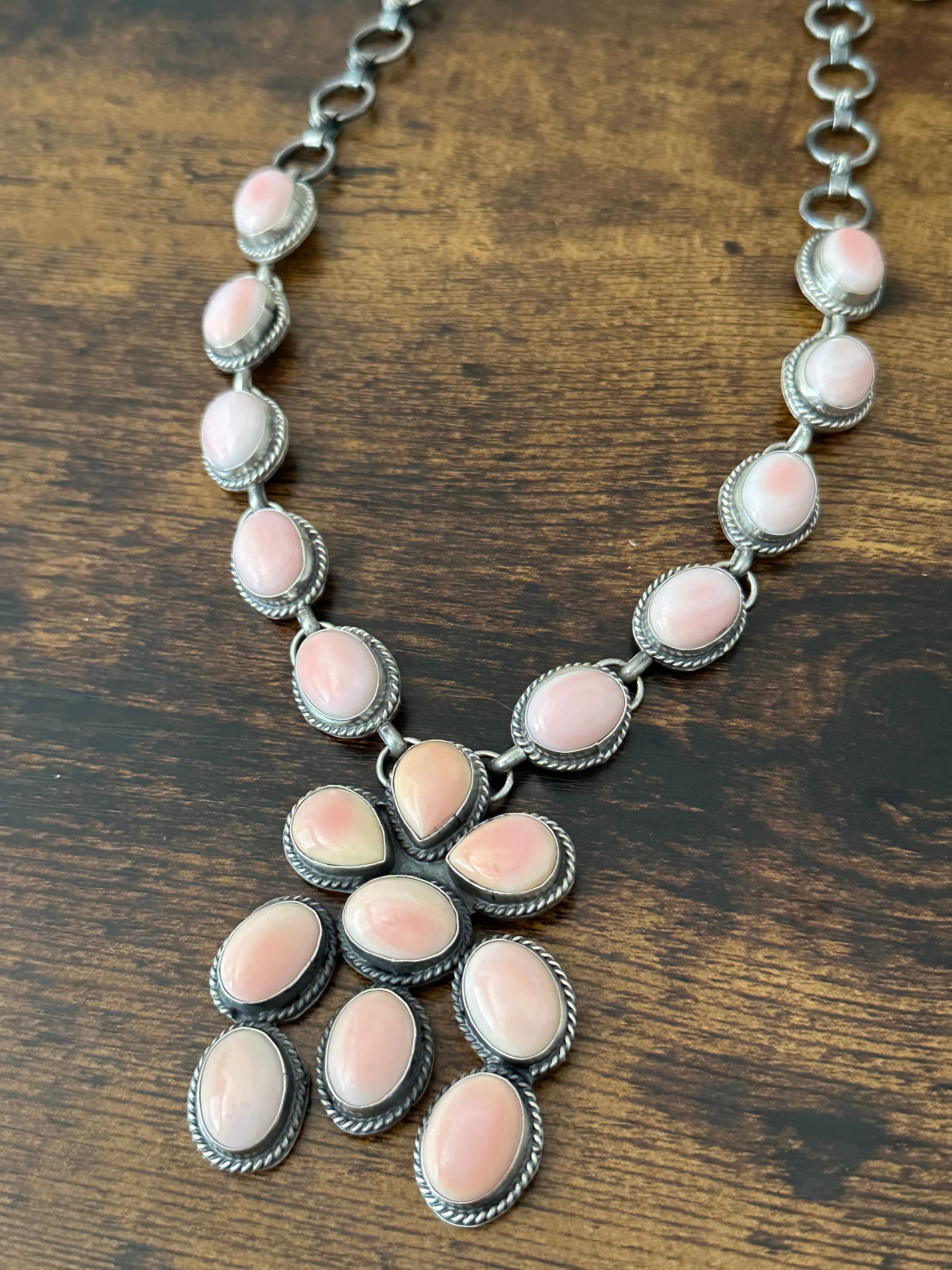 Navajo Made Pink Conch & Sterling Silver Cluster Necklace