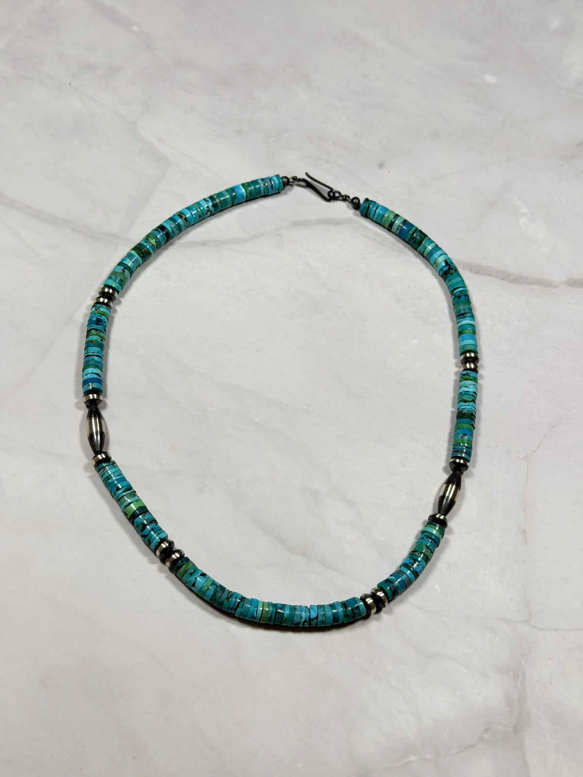 Navajo Made Strung Heshi Turquoise & Sterling Silved Machine Made Pearl 20” Necklace