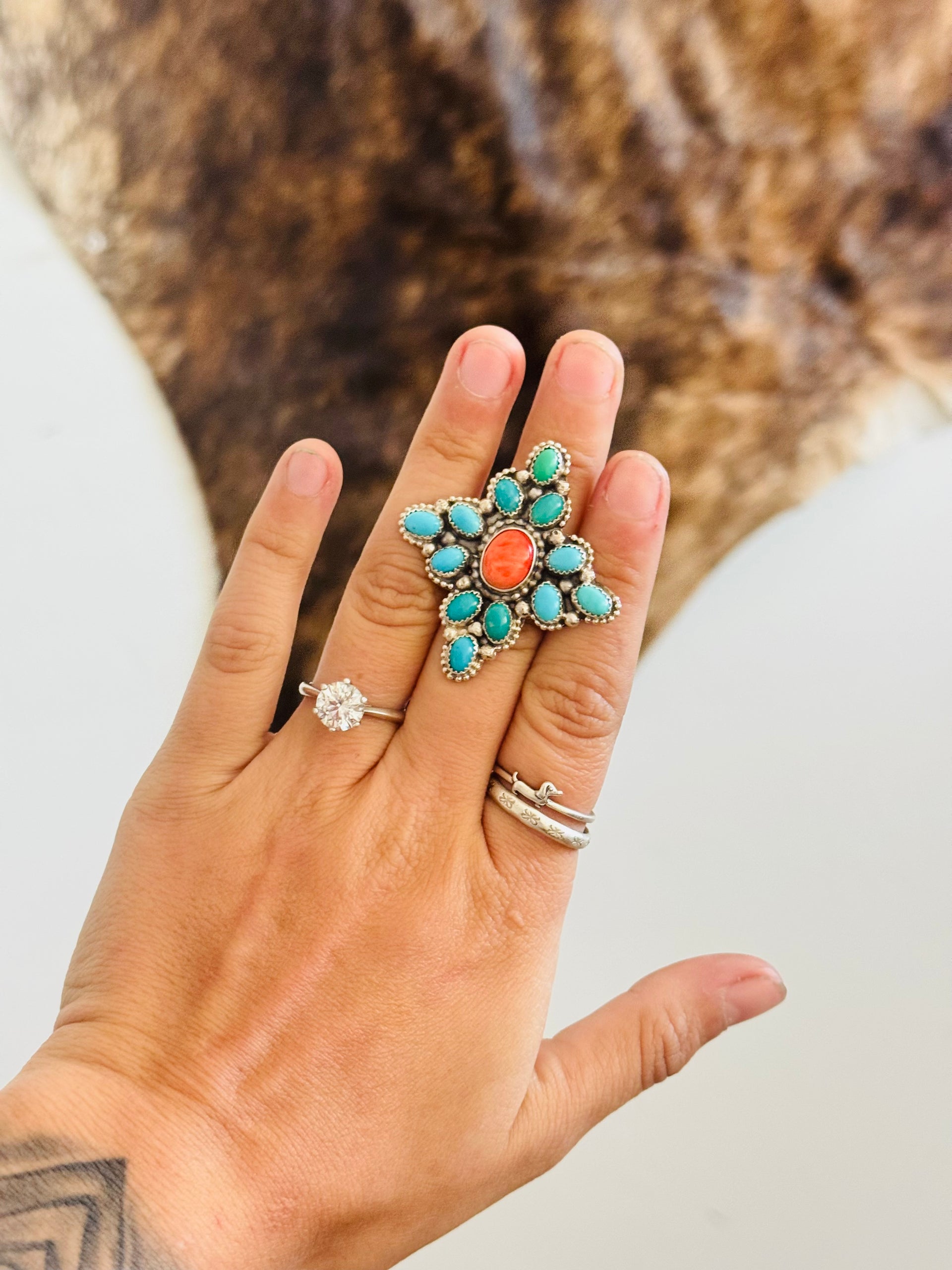 Navajo Made Multi Stone & Sterling Silver Cluster Ring Size 10.75