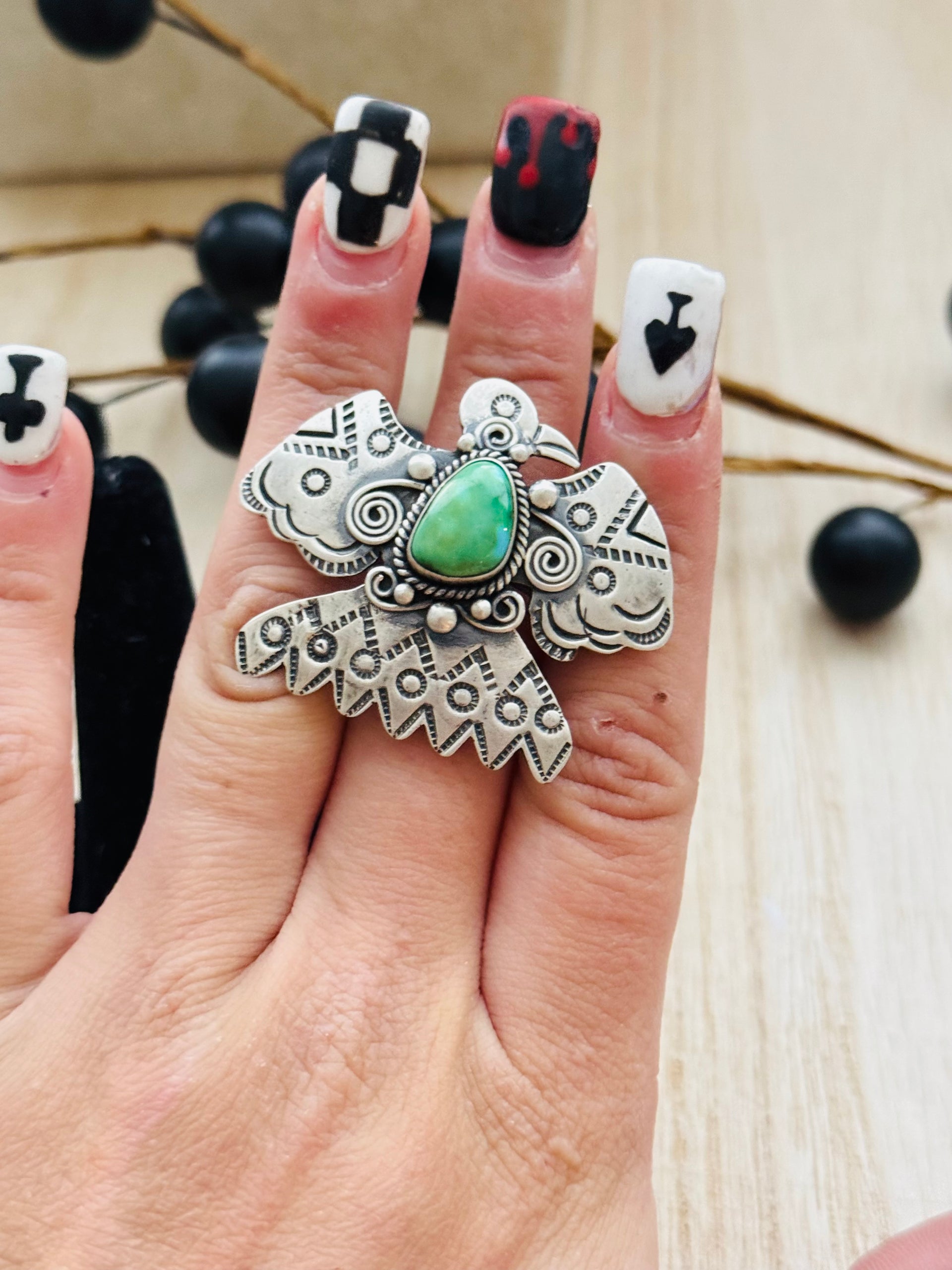 Southwest Handmade Sonoran Mountain Turquoise & Sterling Silver Adjustable Thunderbird Ring