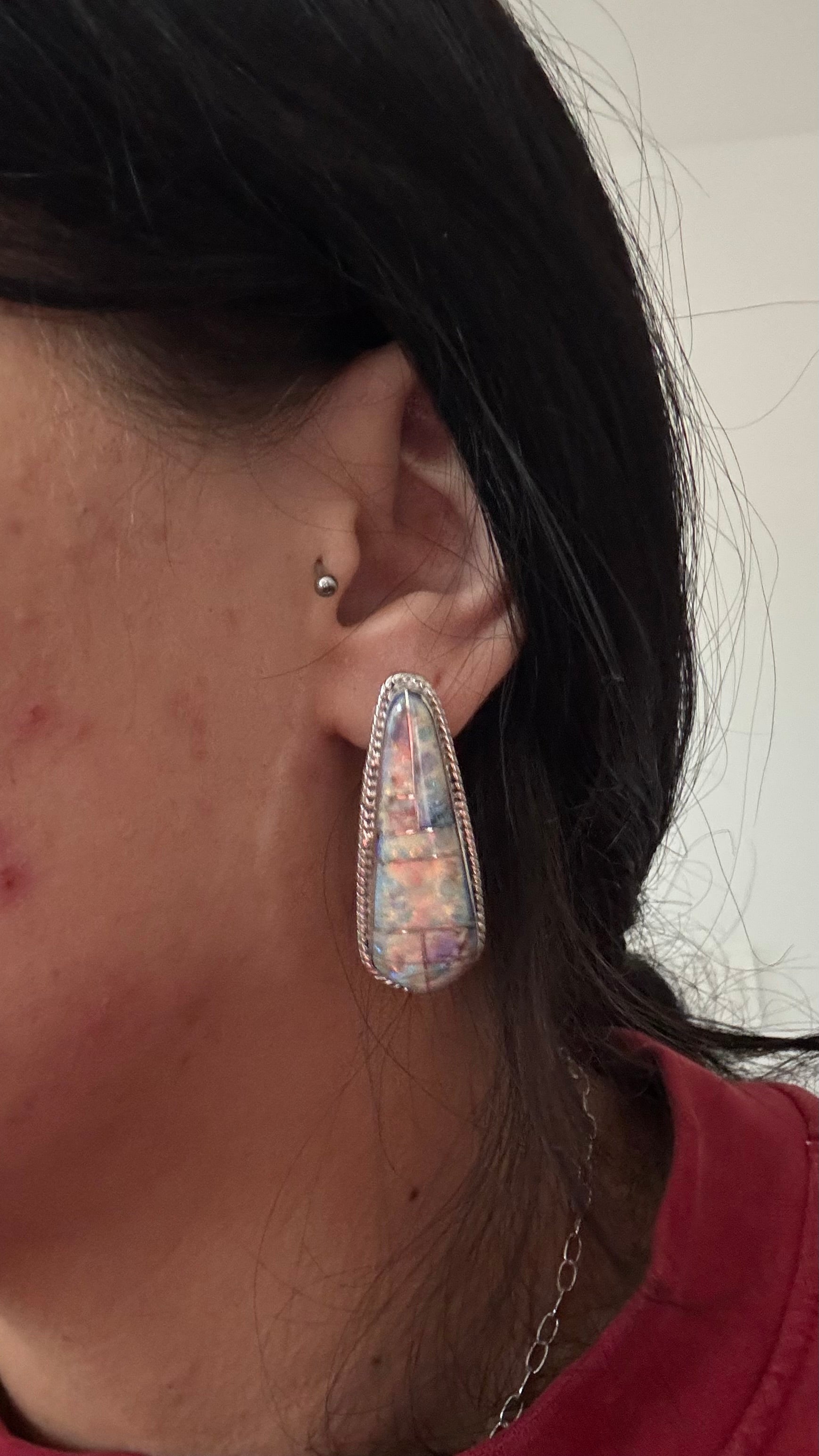 Navajo Made Opal & Sterling Silver Post Dangle Inlay Earrings