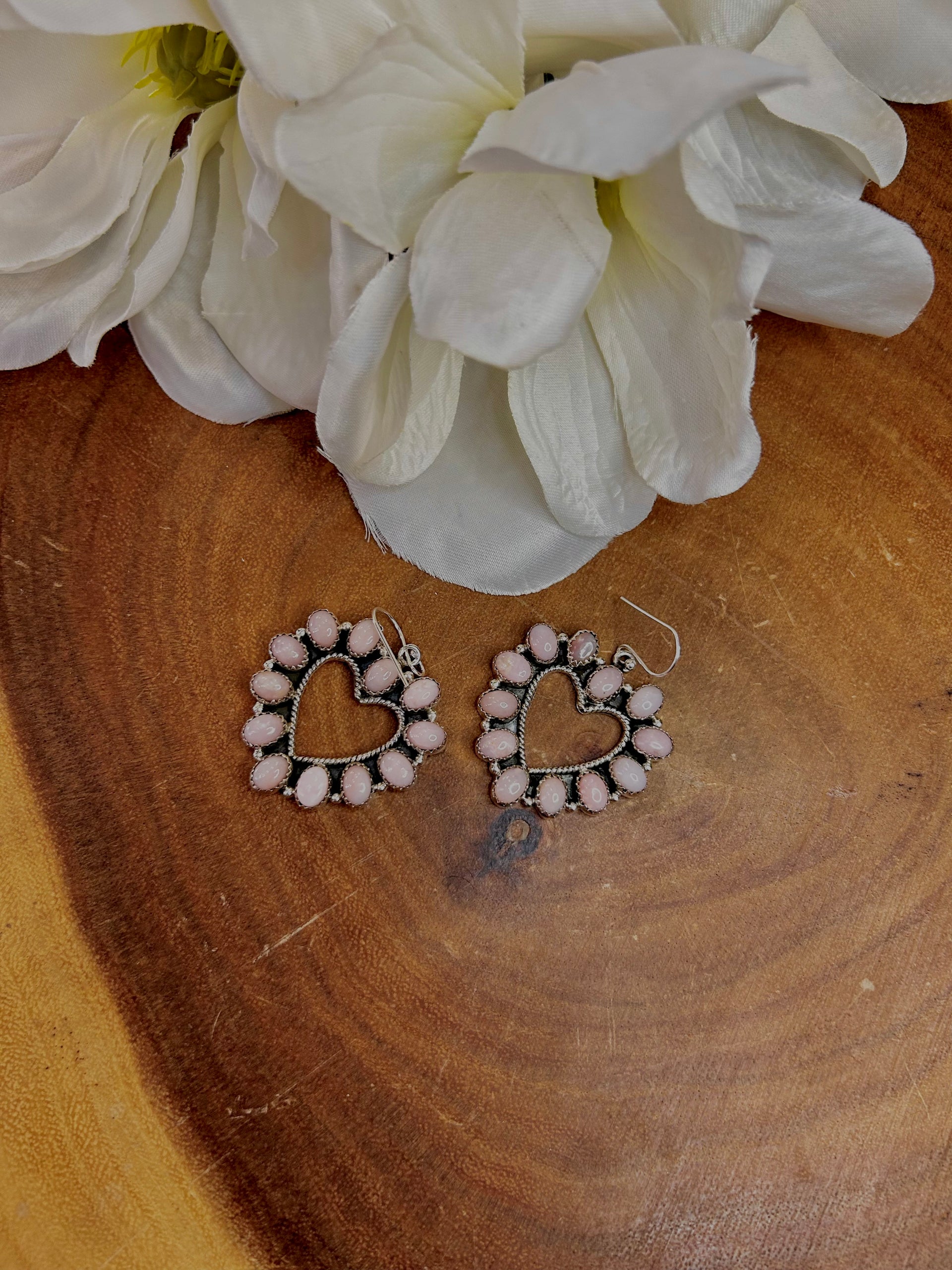 Southwest Made Peruvian Pink Opal & Sterling Silver Post Heart Earrings