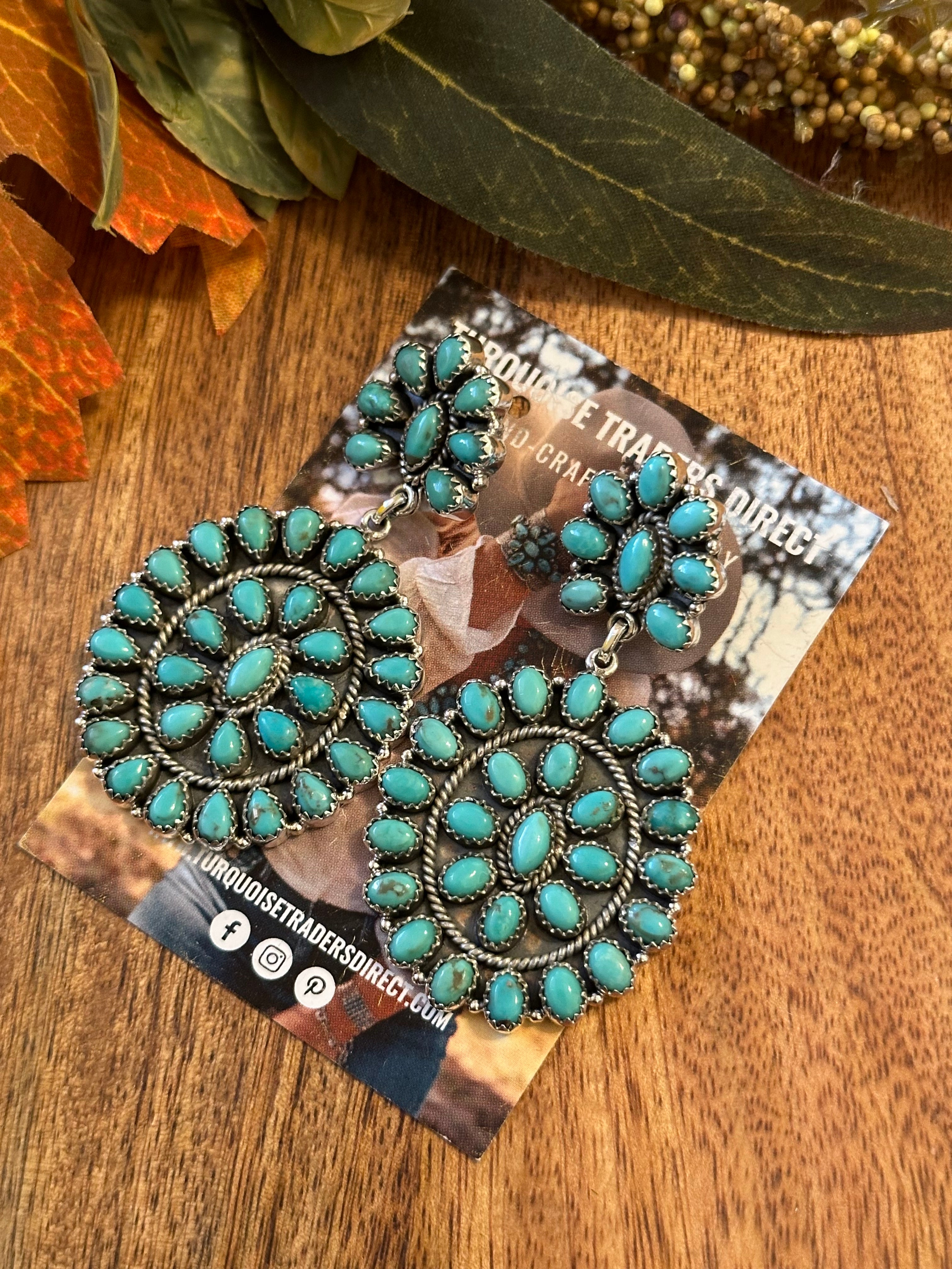 Southwest Handmade Kingman Turquoise & Sterling Silver Post Dangle Cluster Earrings