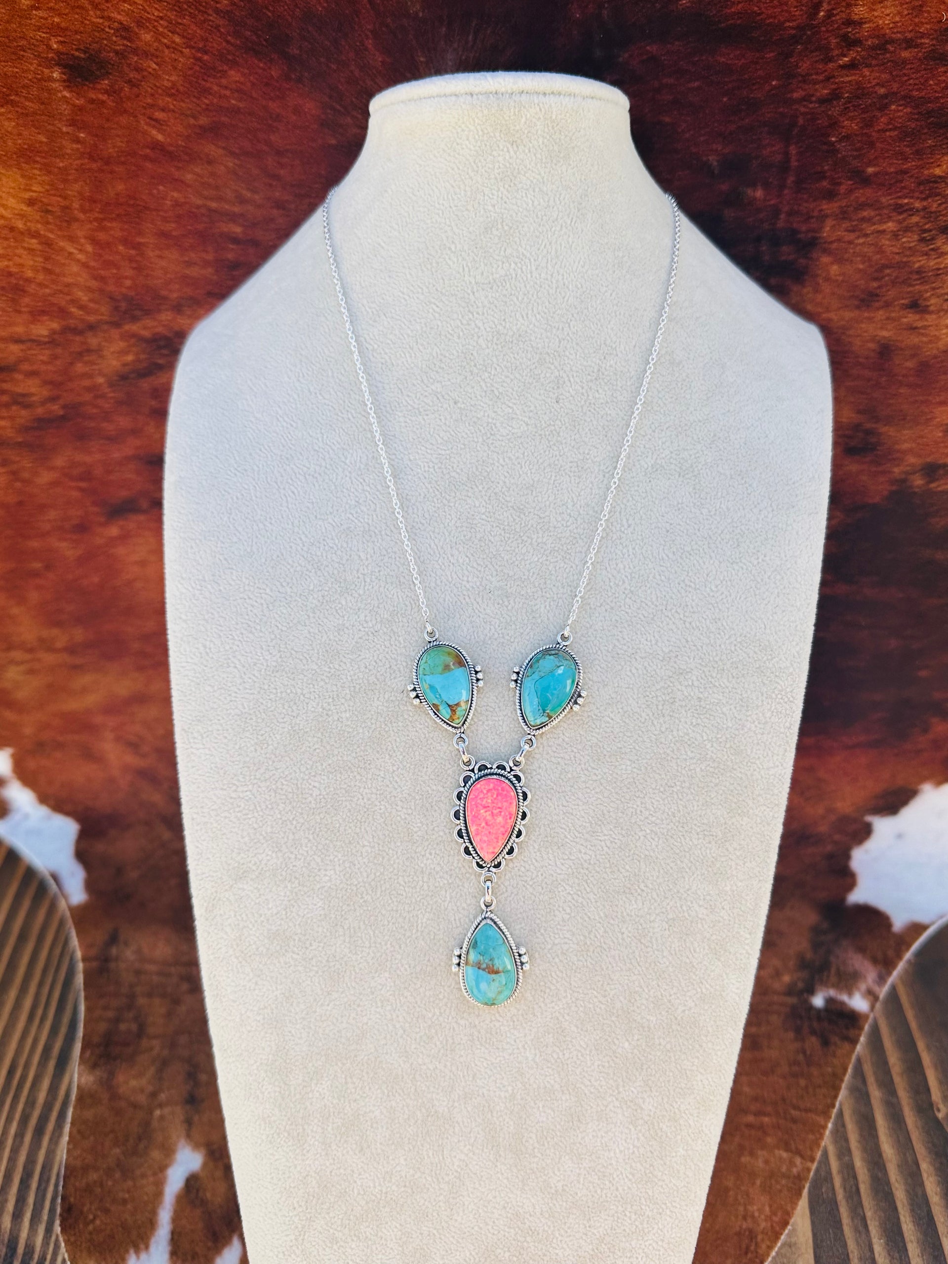 Southwest Handmade Multi Stone & Sterling Silver Lariat Necklace