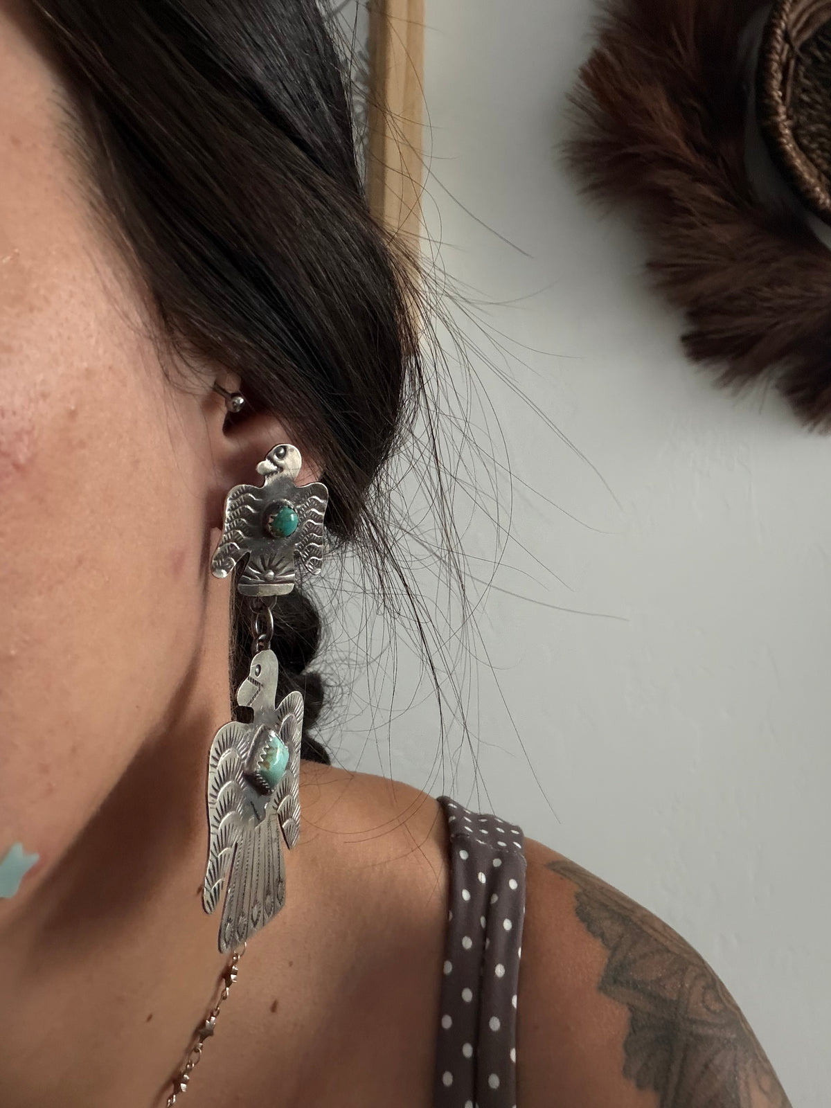 Gabriella Yazzie Kingman Turquoise & Sterling Silver Thunderbird Post Dangle Earrings