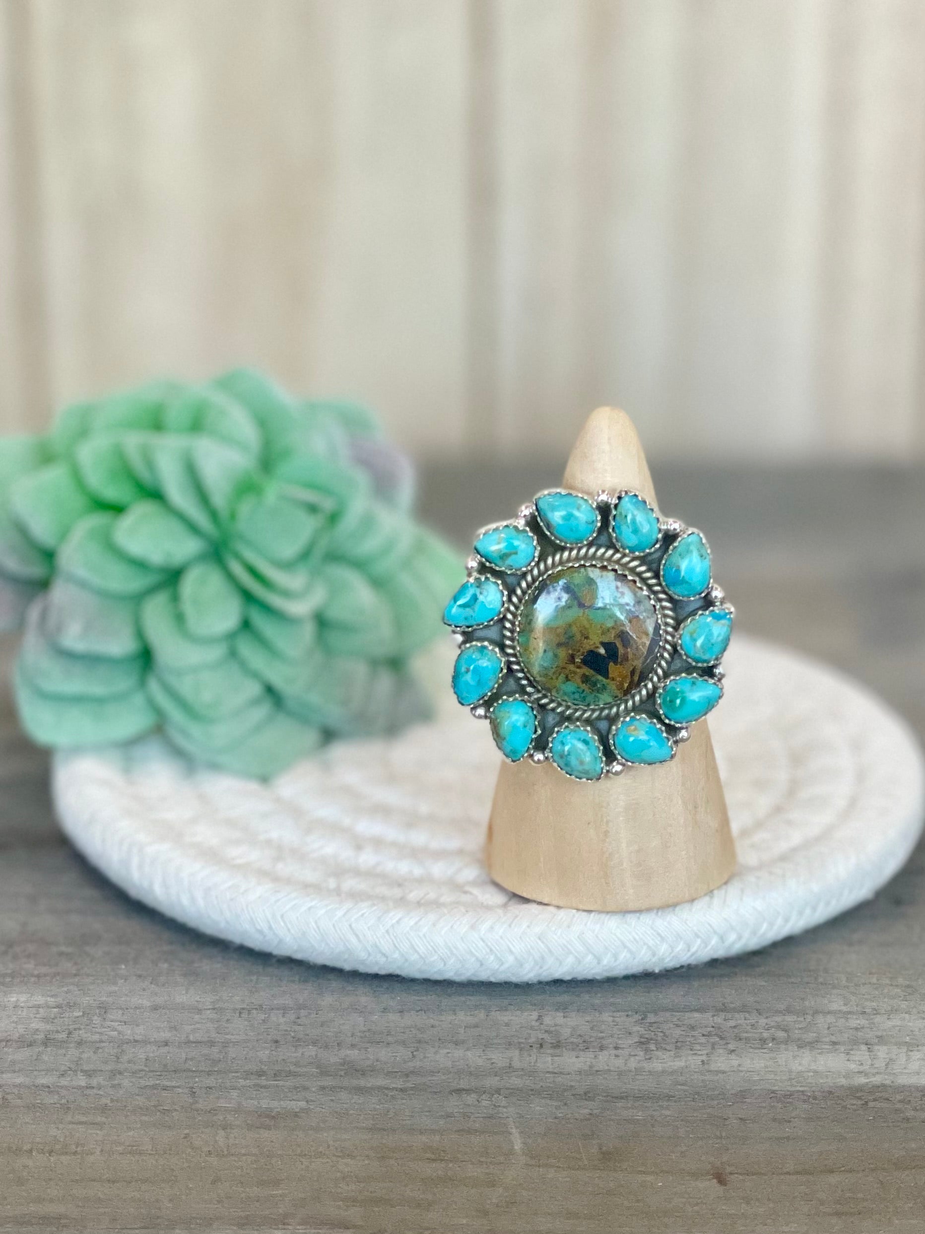 Southwest Handmade BlackJack Turquoise And Kingman Turquoise & Sterling Silver Adjustable Ring