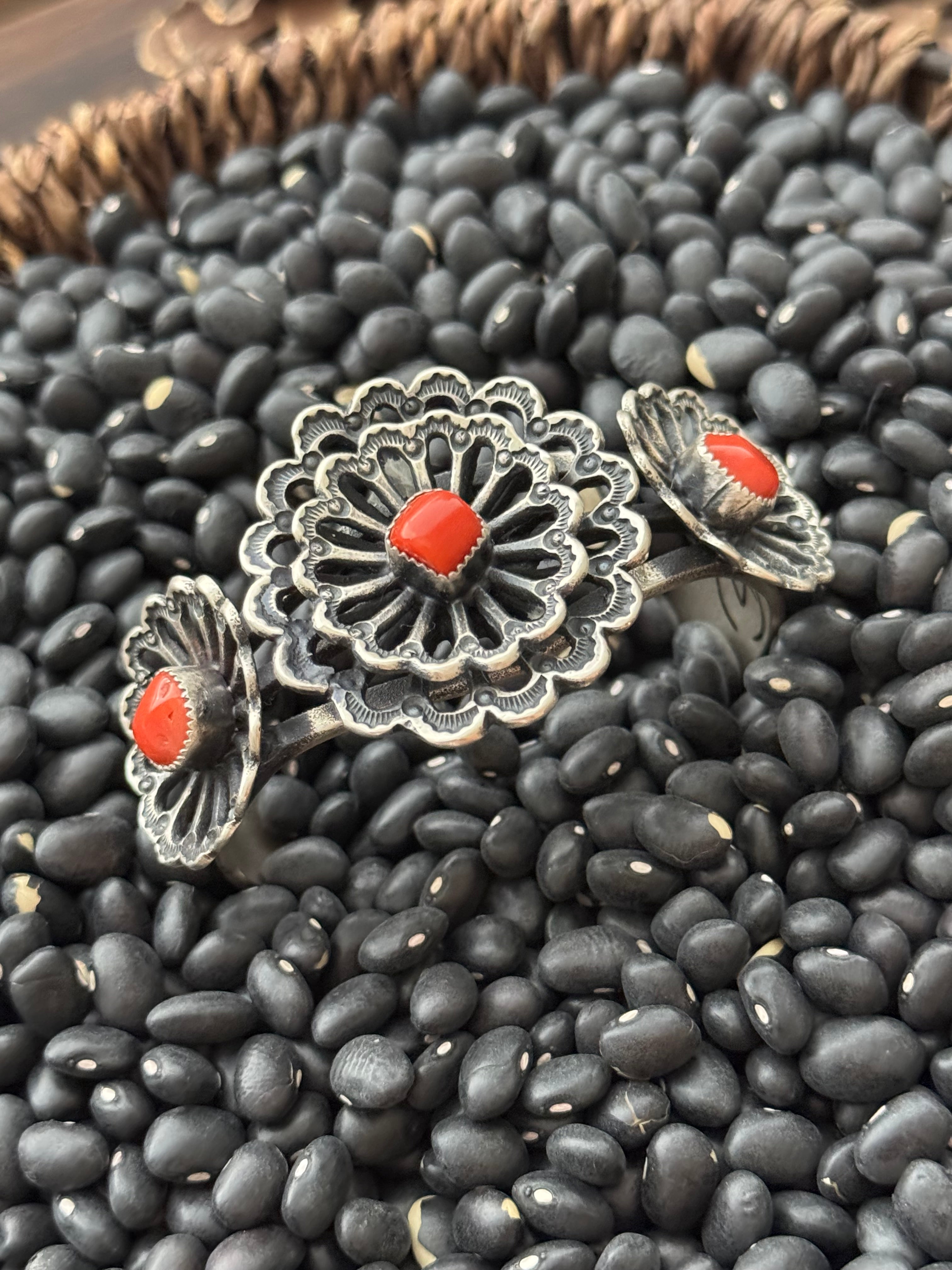 Kindale Billah Mediterranean Coral & Sterling Silver Flower Cuff Bracelet