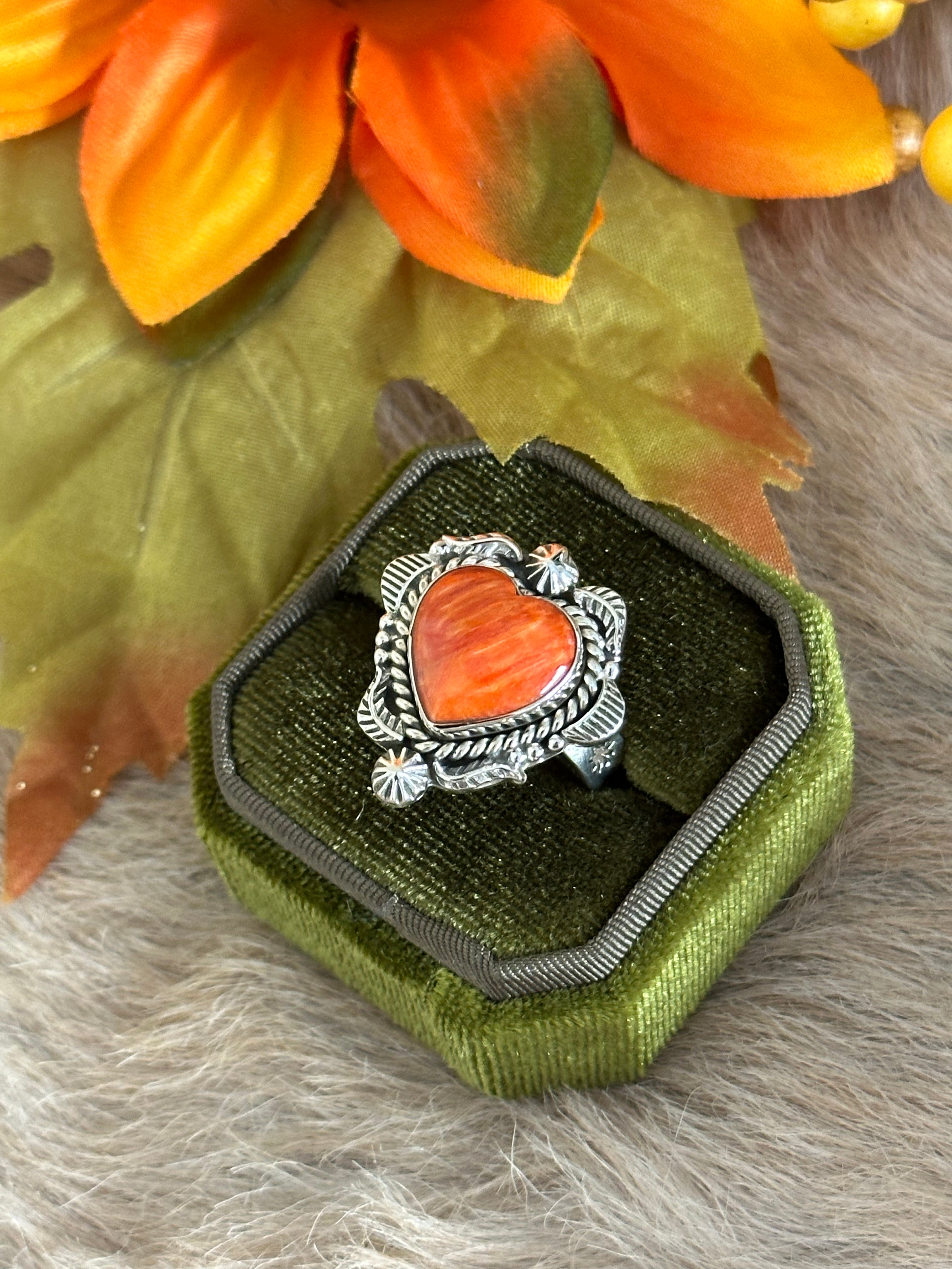 Southwest Handmade Spiny Oyster & Sterling Silver Adjustable Heart Ring