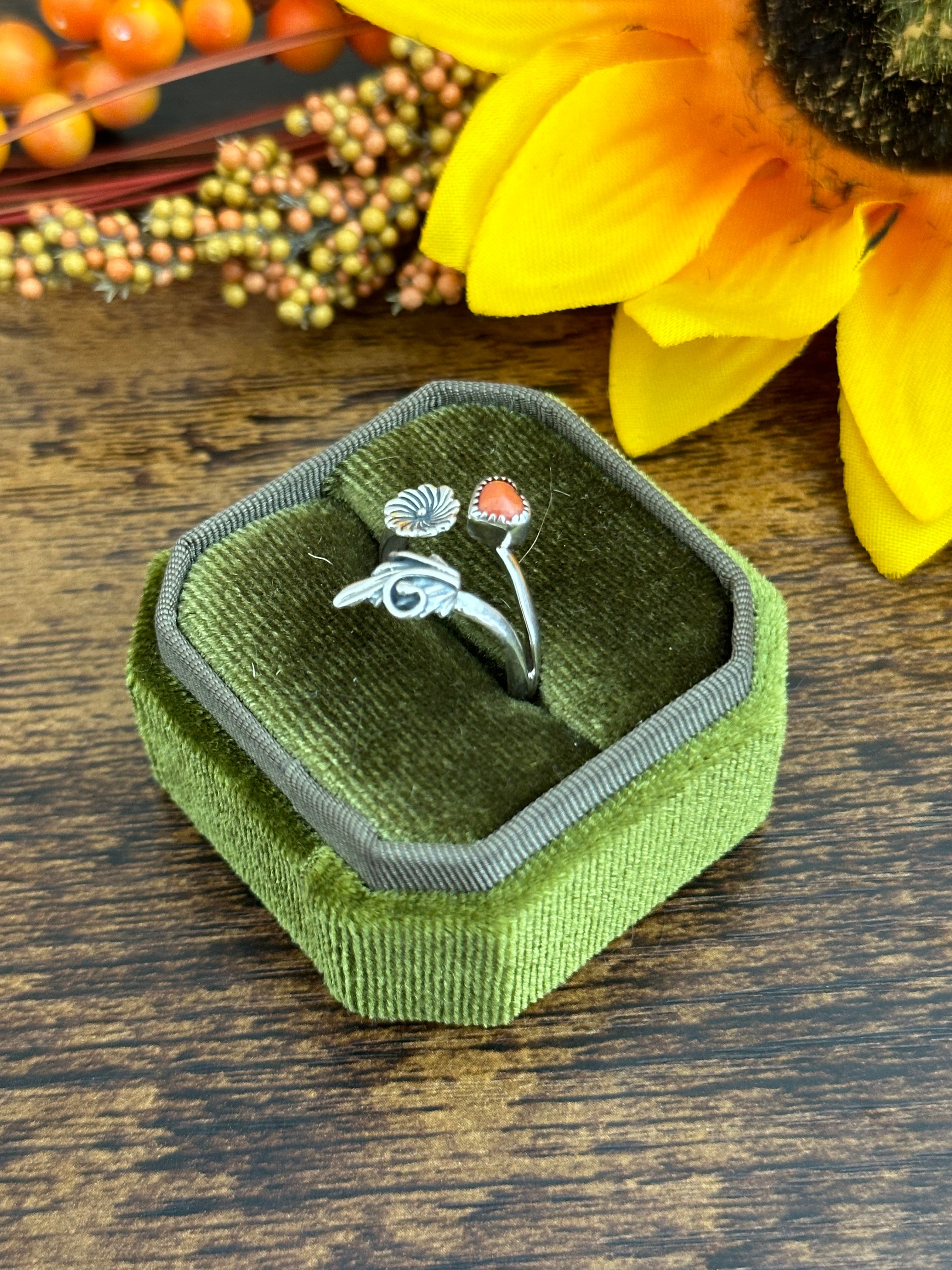 Navajo Made Red Coral & Sterling Silver Adjustable Ring