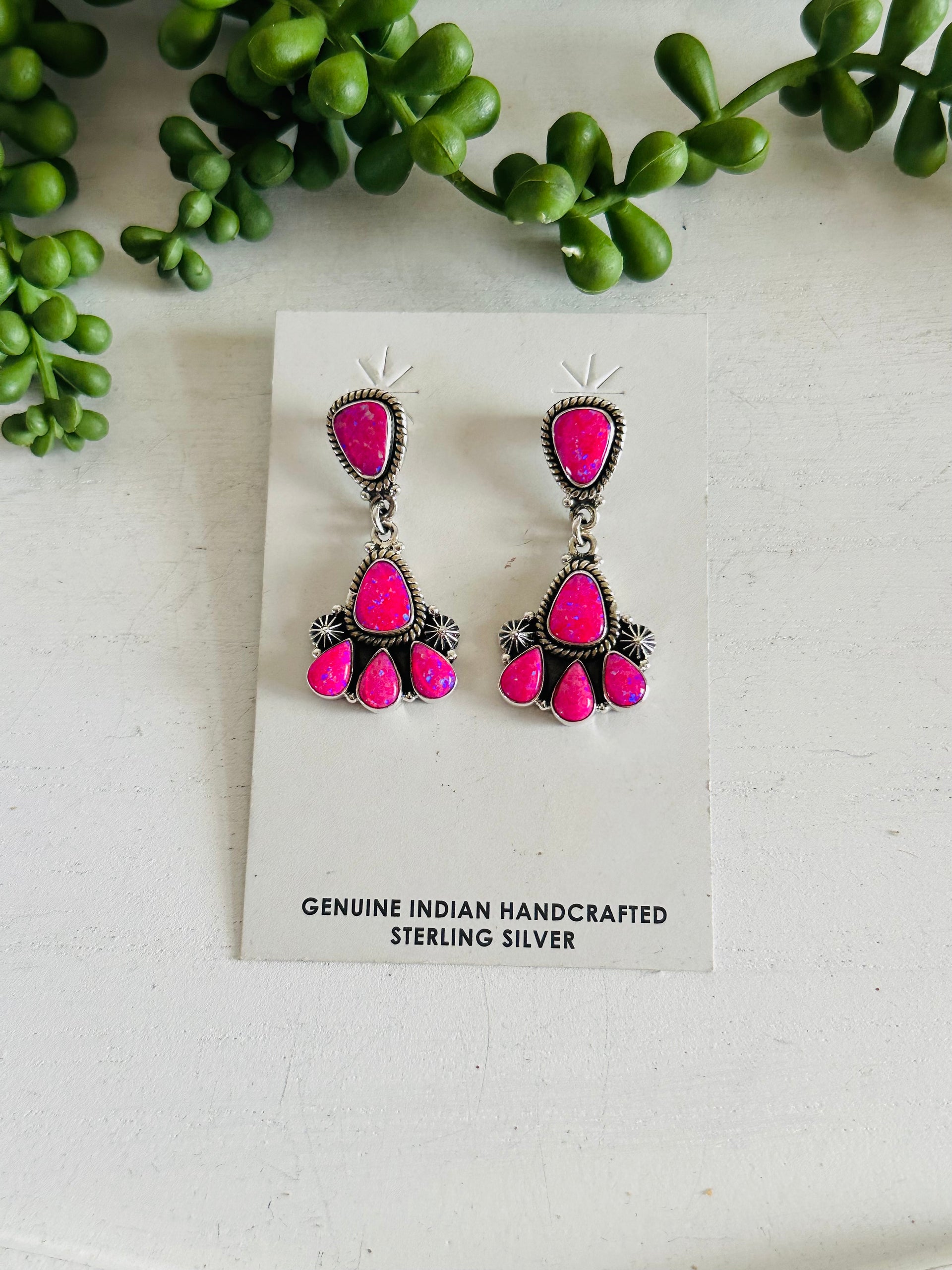 Southwest Handmade Pink Opal & Sterling Silver Post Dangle Cluster Earrings