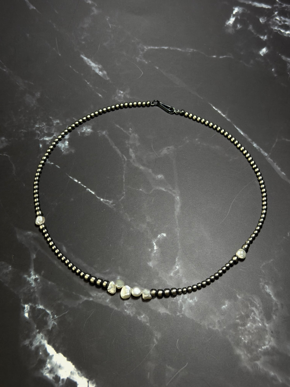 Navajo Strung Fresh Water Pearl & Sterling Silver Machine Made Beaded Pearl 16” Necklace