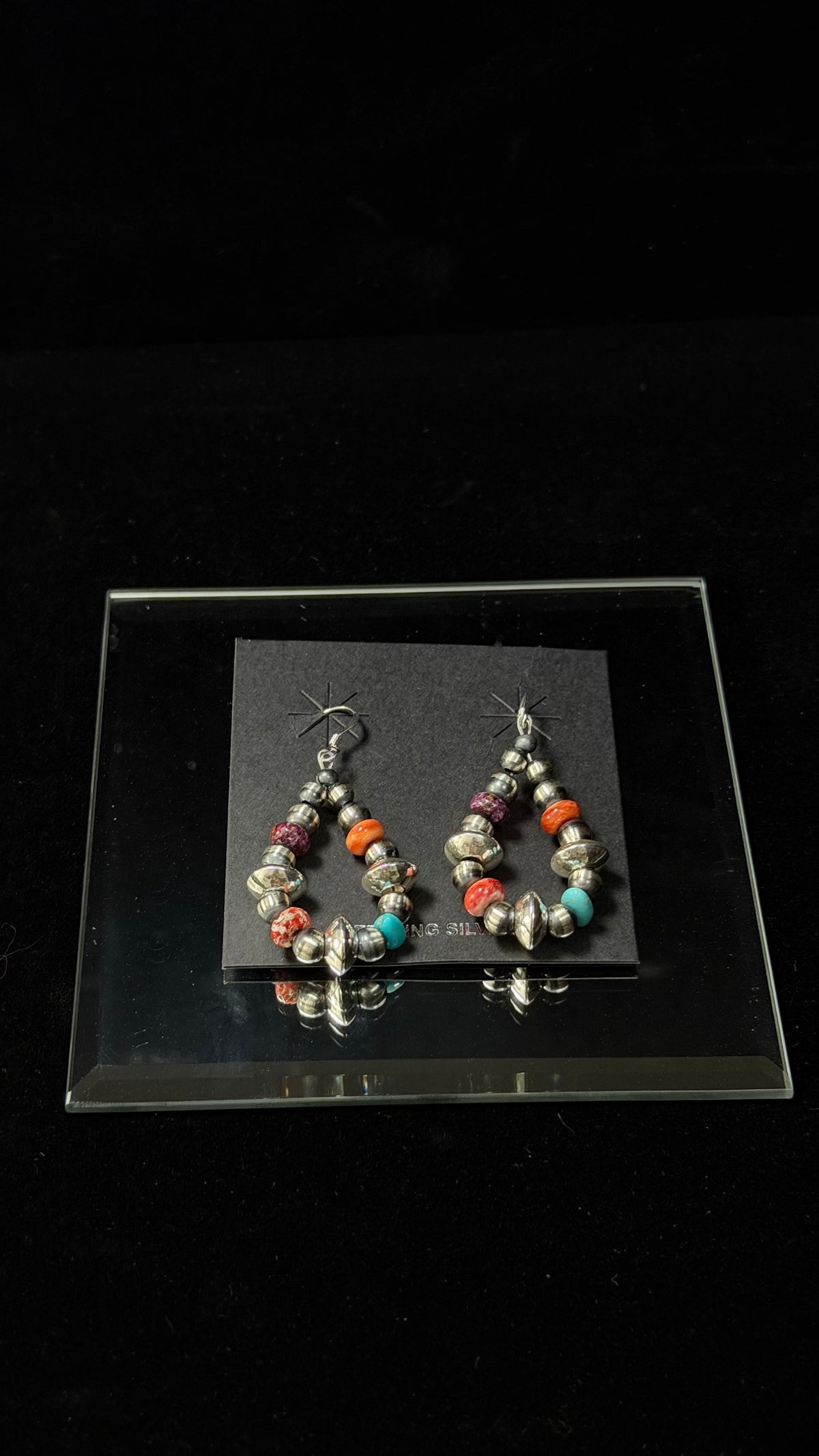 Navajo Made Multi Stone & Sterling Silver Dangle Beaded Earrings