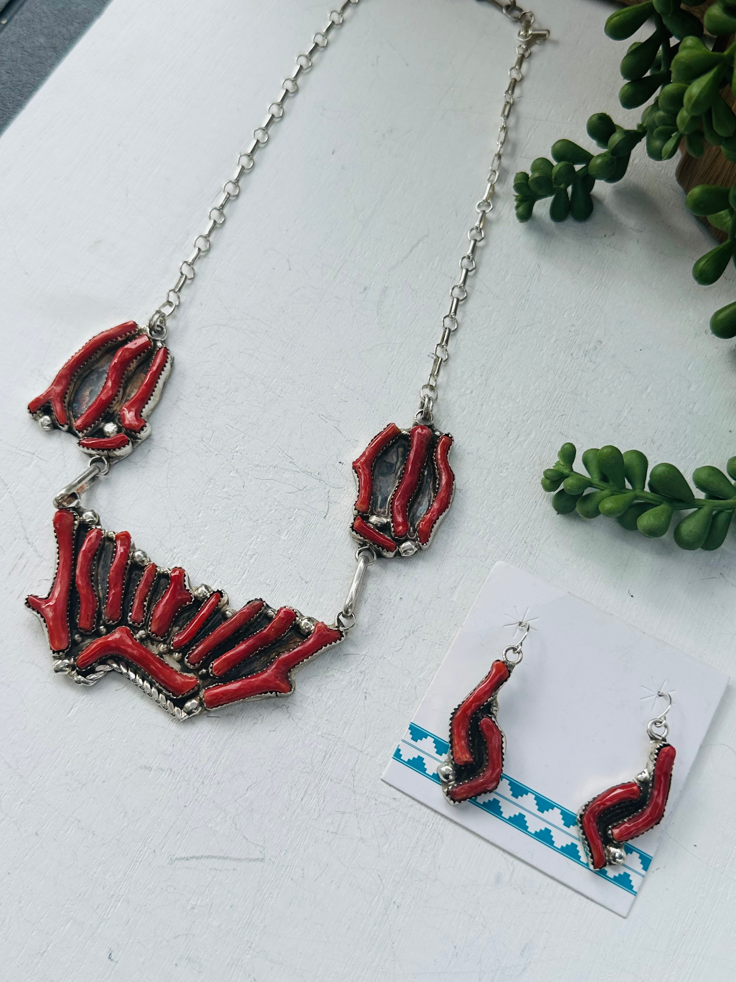 Zuni Made Red Coral and Sterling Silver Necklace Set