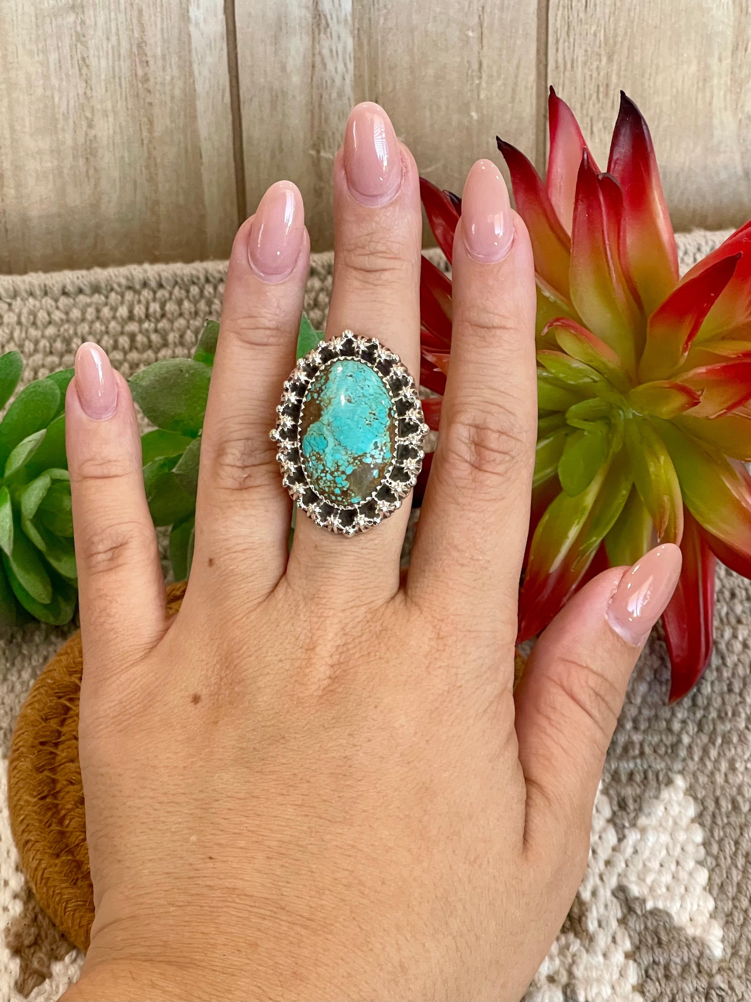 Southwest Handmade Number 8 Turquoise & Sterling Silver Adjustable Ring