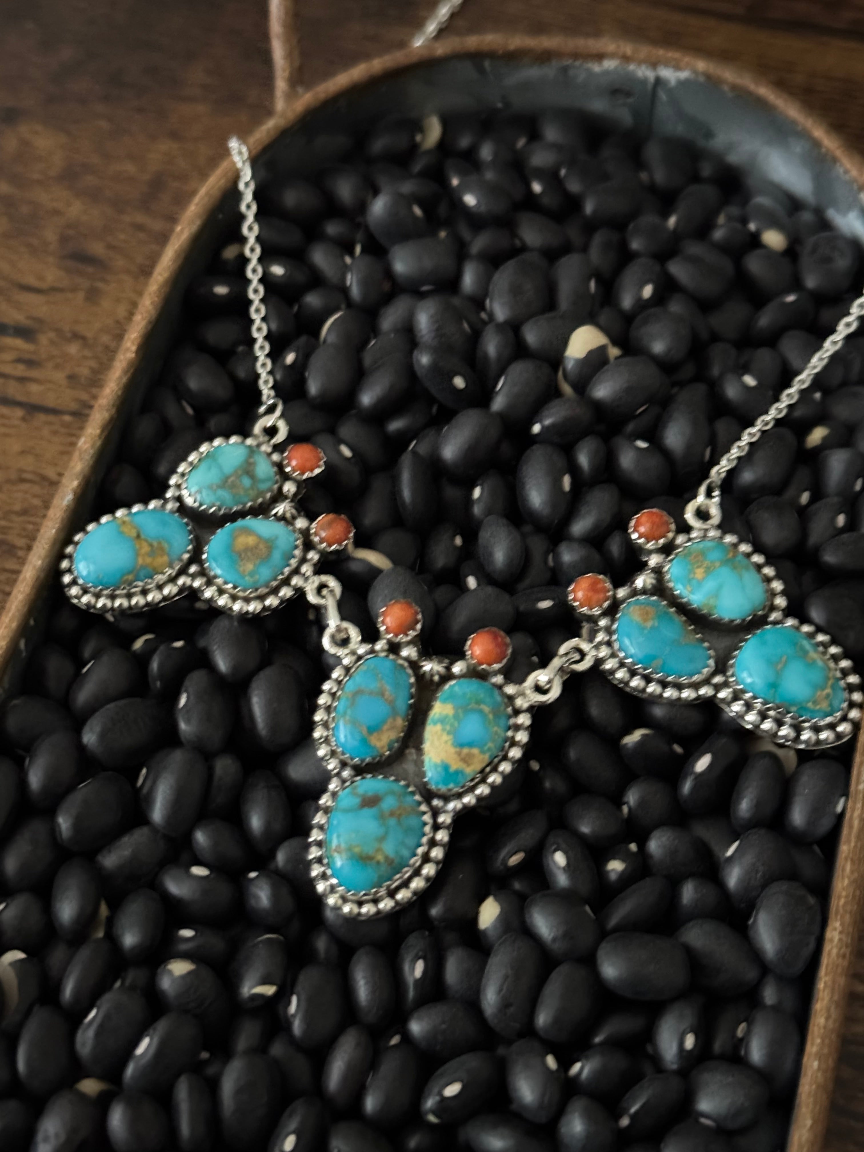 Southwest Handmade Multi Stone & Sterling Silver Prickly Pear Necklace