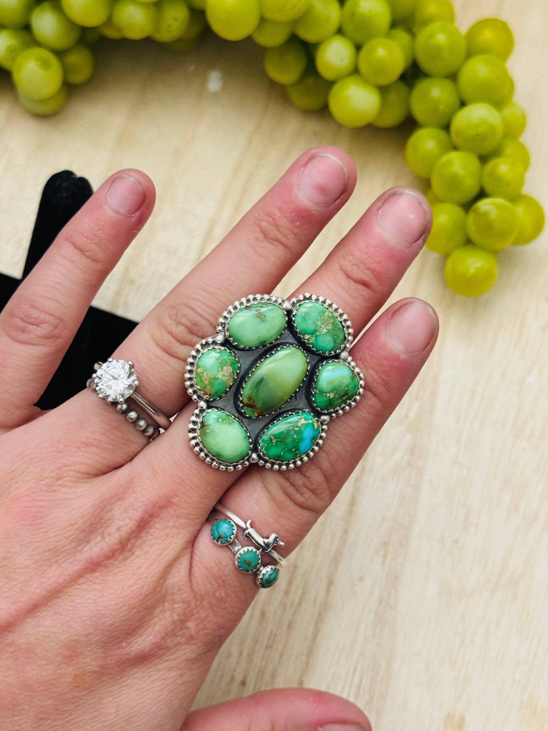 Southwest Handmade Sonoran Gold Turquoise & Sterling Silver Adjustable Cluster Ring