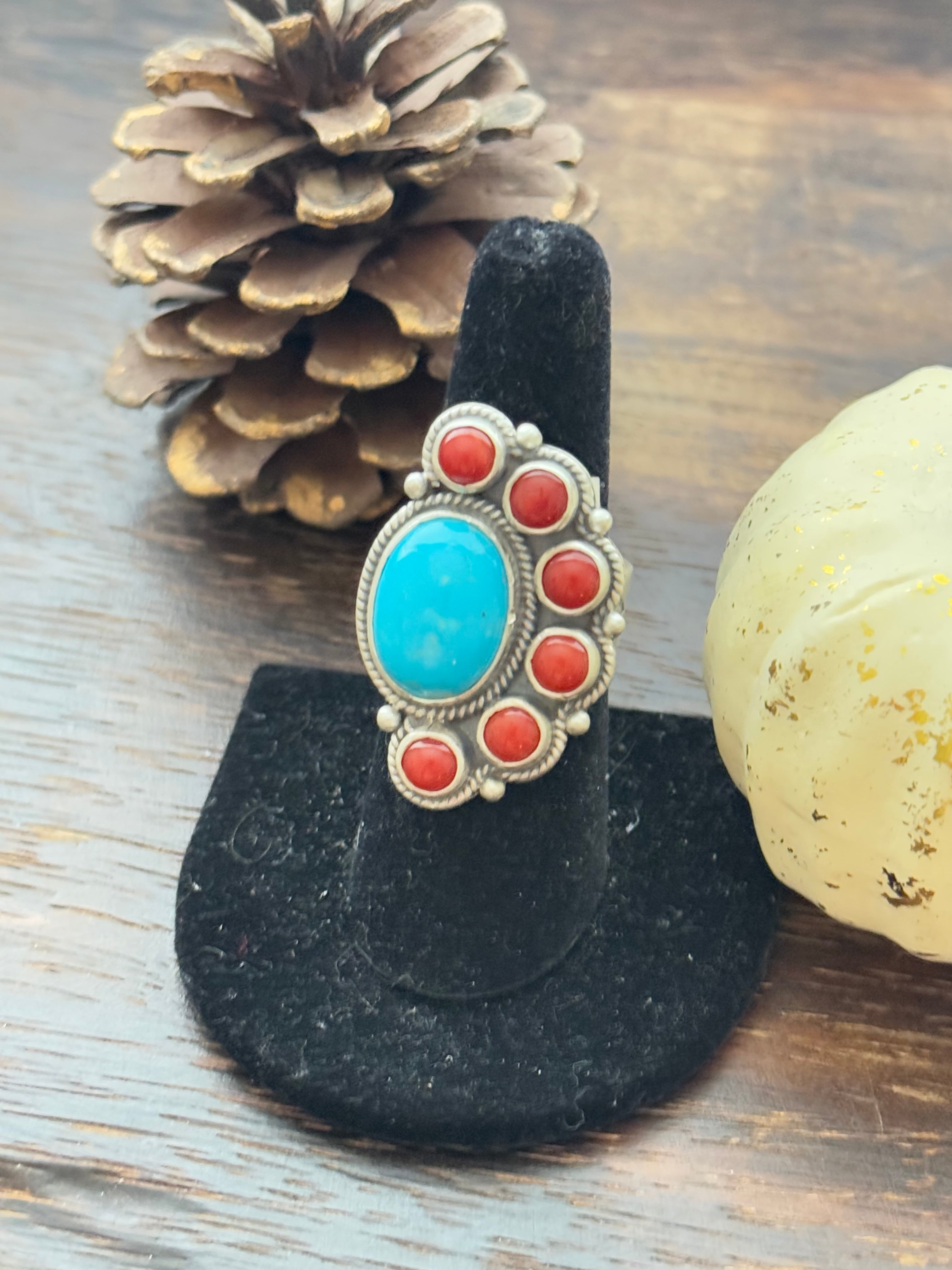 Navajo Made Multi Stone & Sterling Silver Adjustable Ring