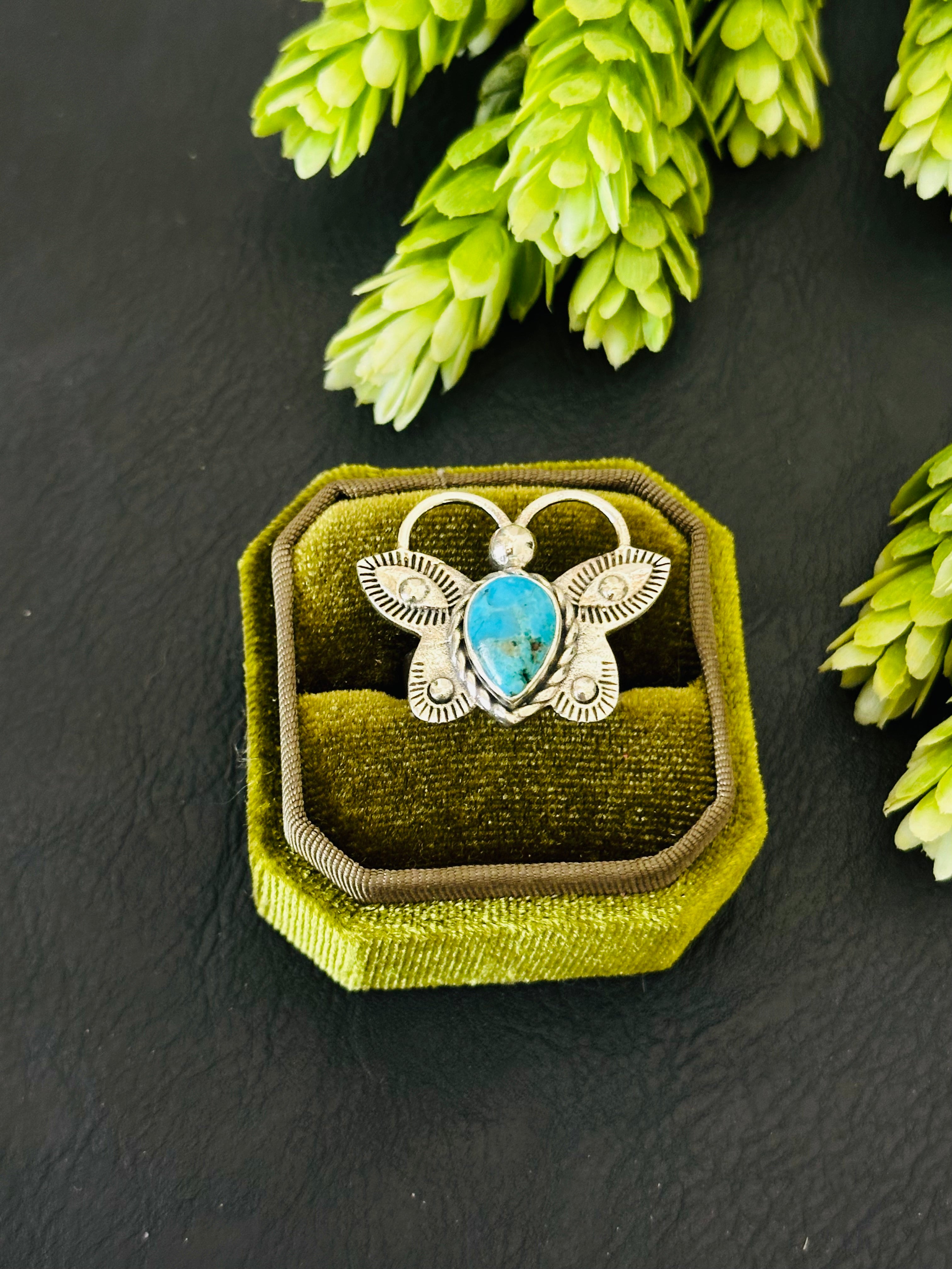 Southwest Handmade Kingman Turquoise & Sterling Silver Adjustable Butterfly Ring