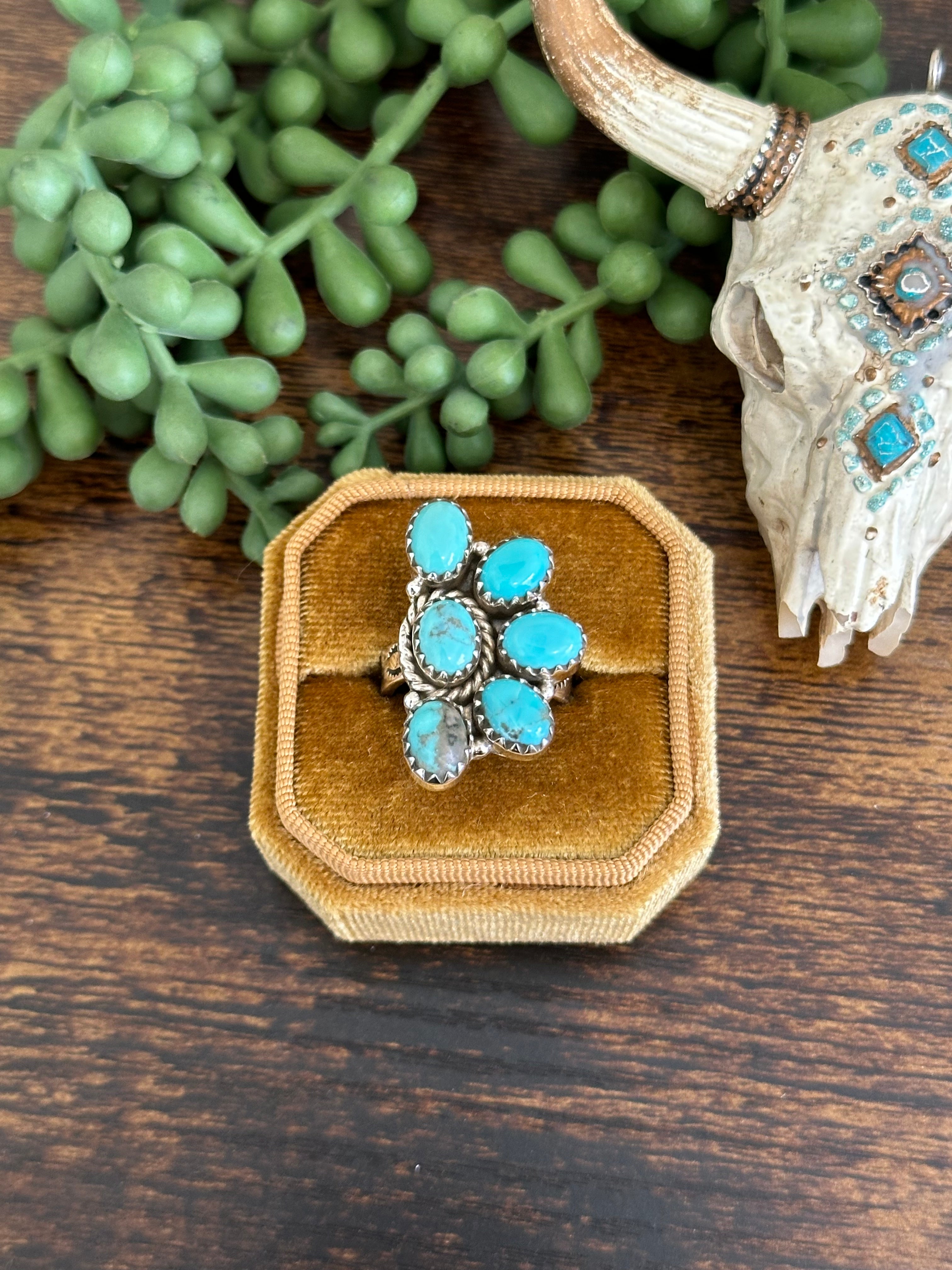 Southwest Handmade Kingman Turquoise & Sterling Silver Adjustable Cluster Ring