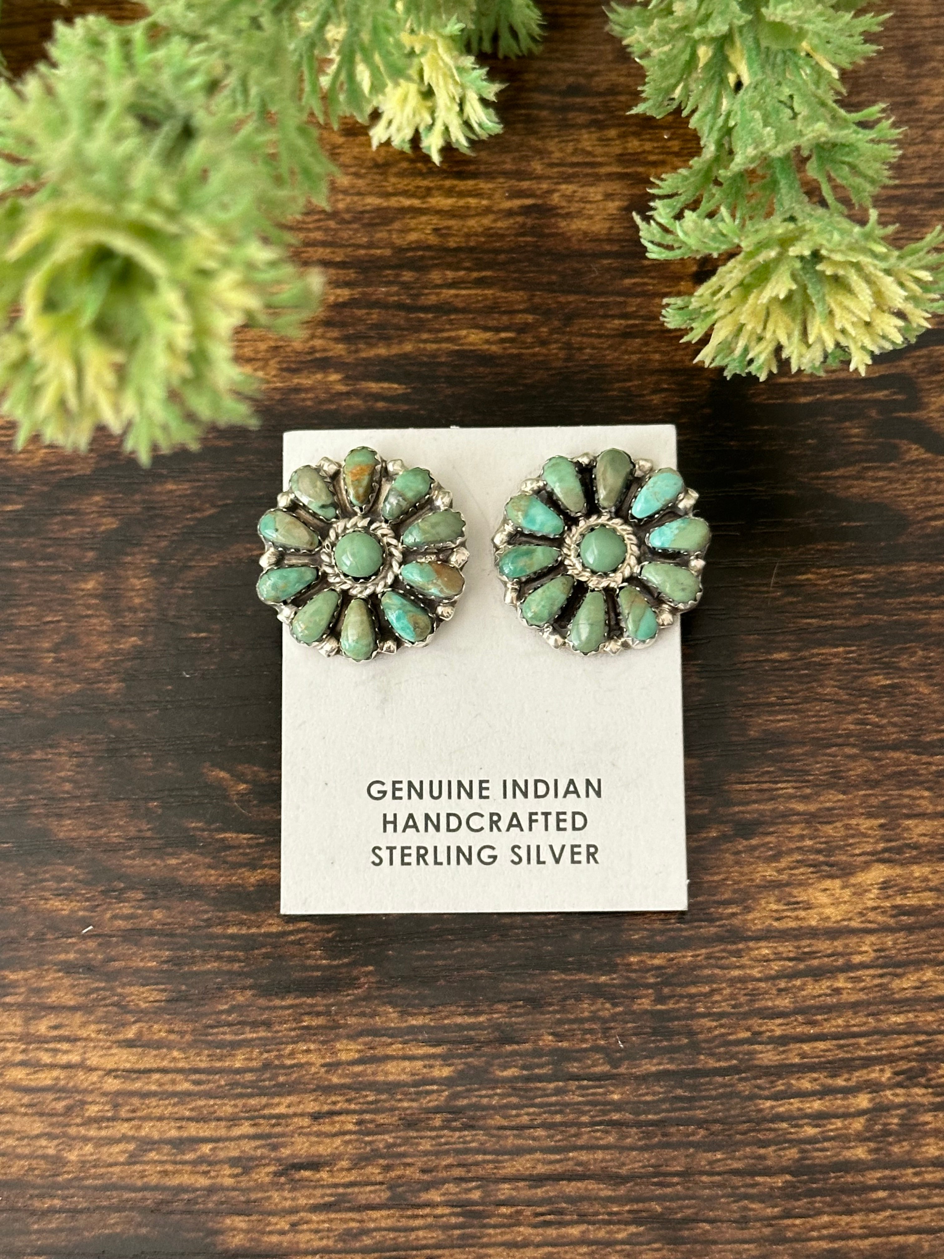 Navajo Handmade Kingman Turquoise & Sterling Silver Cluster Post Earrings