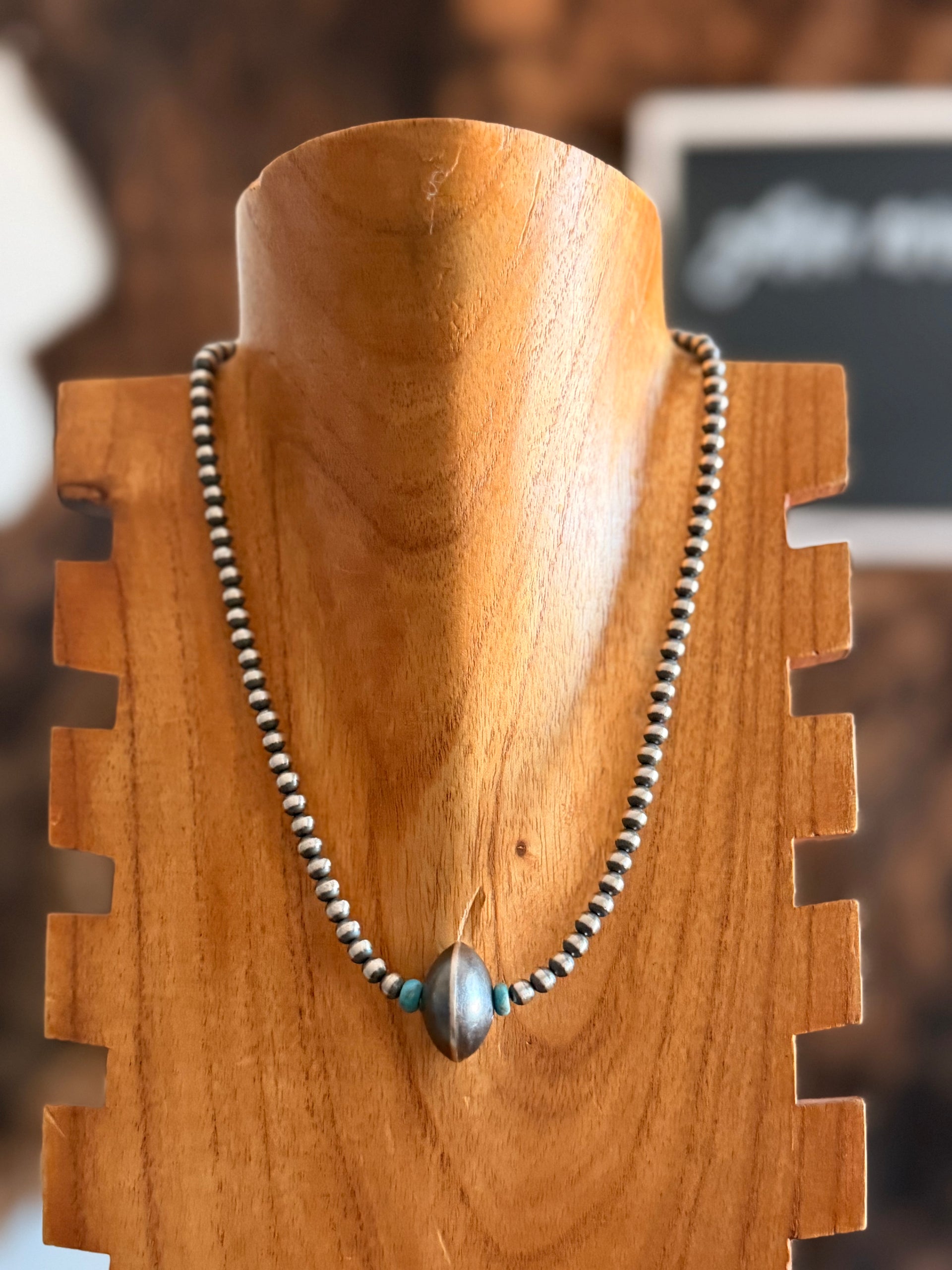 Navajo Strung Kingman Turquoise & Sterling Silver Graduated & Saucer Pearl Necklace