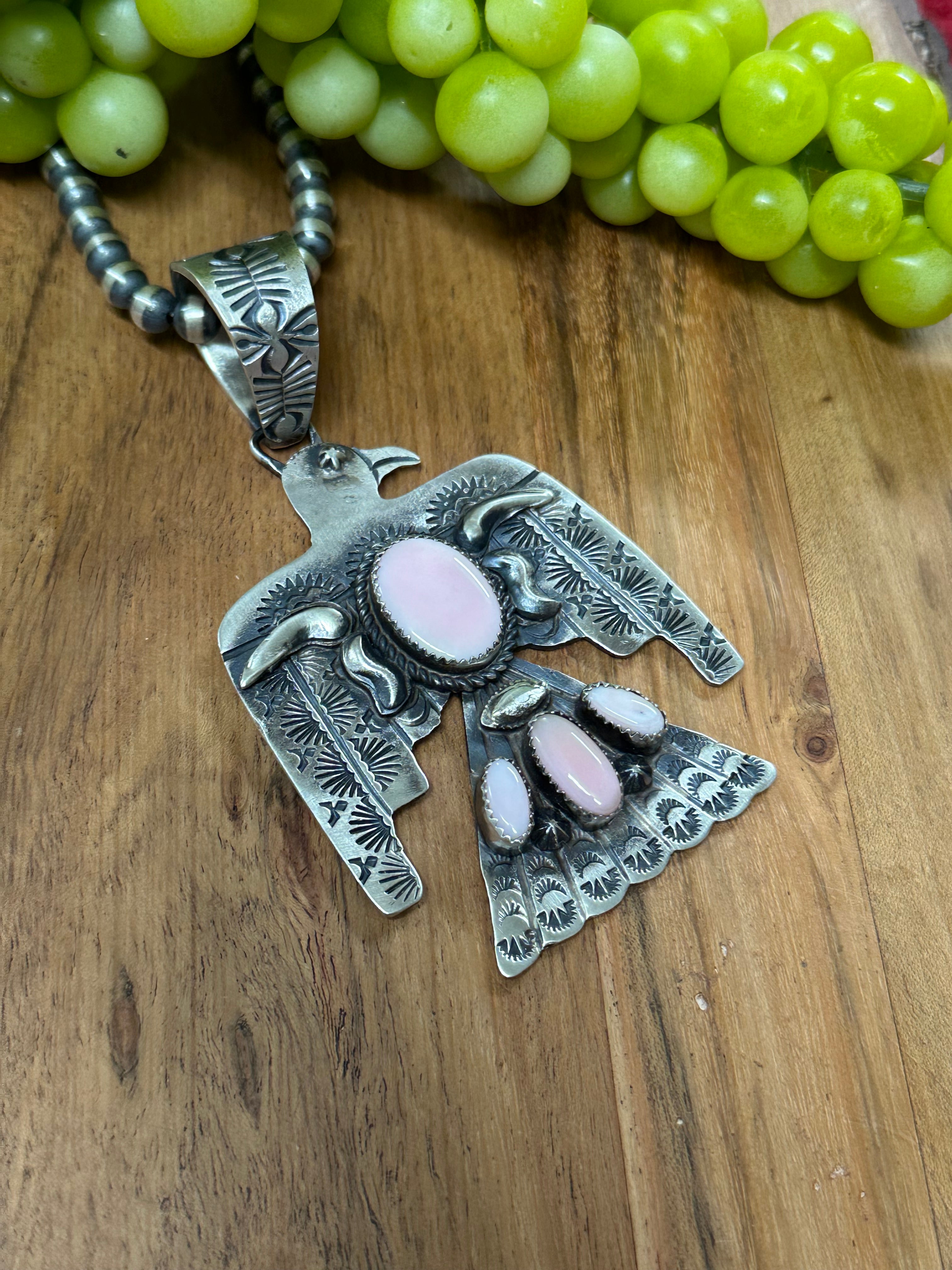 Richard Yazzie Pink Conch & Sterling Silver Thunderbird Pendant