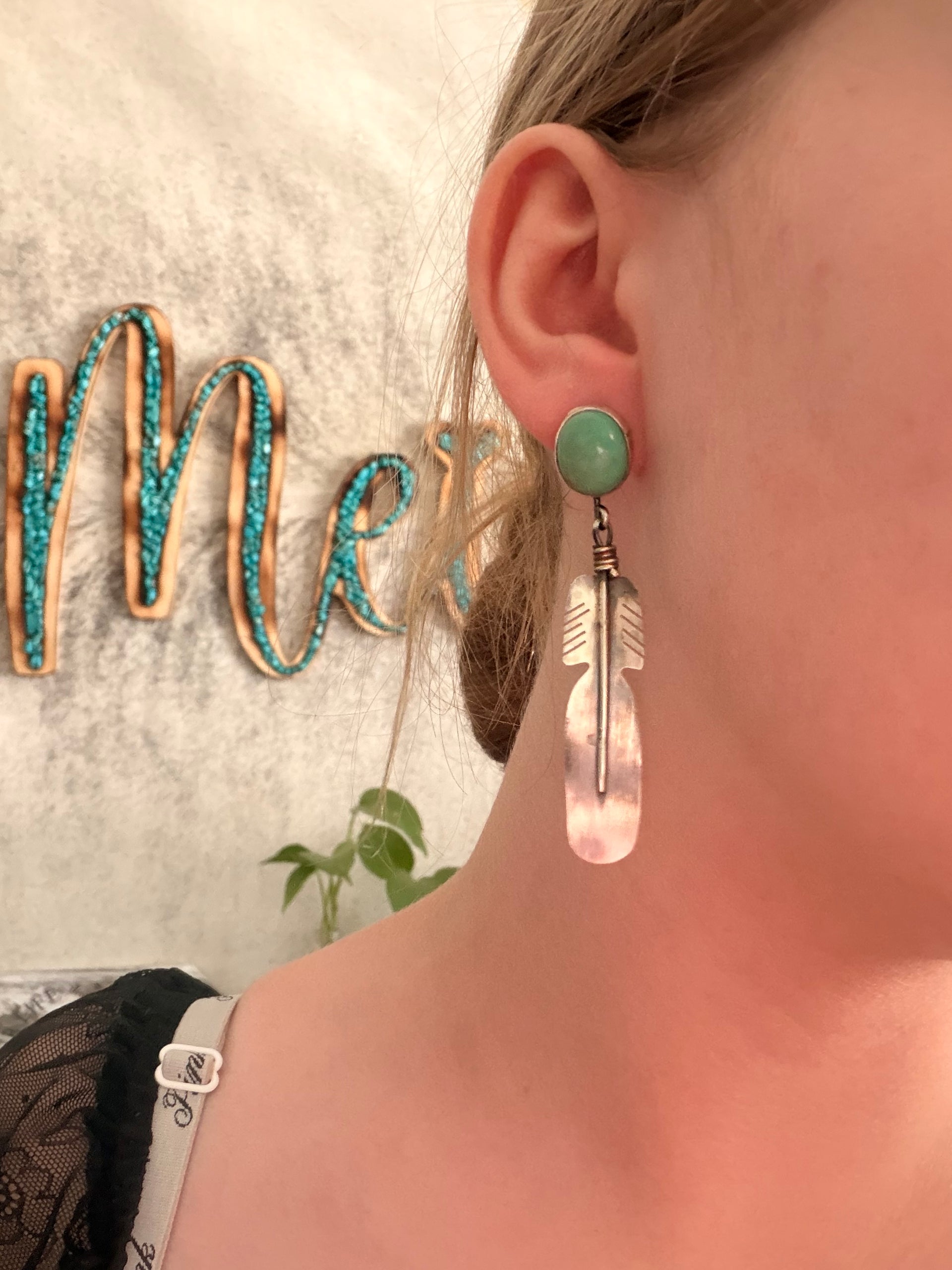 Kobe Martinez Kingman Turquoise & Sterling Silver Post Dangle Feather Earrings
