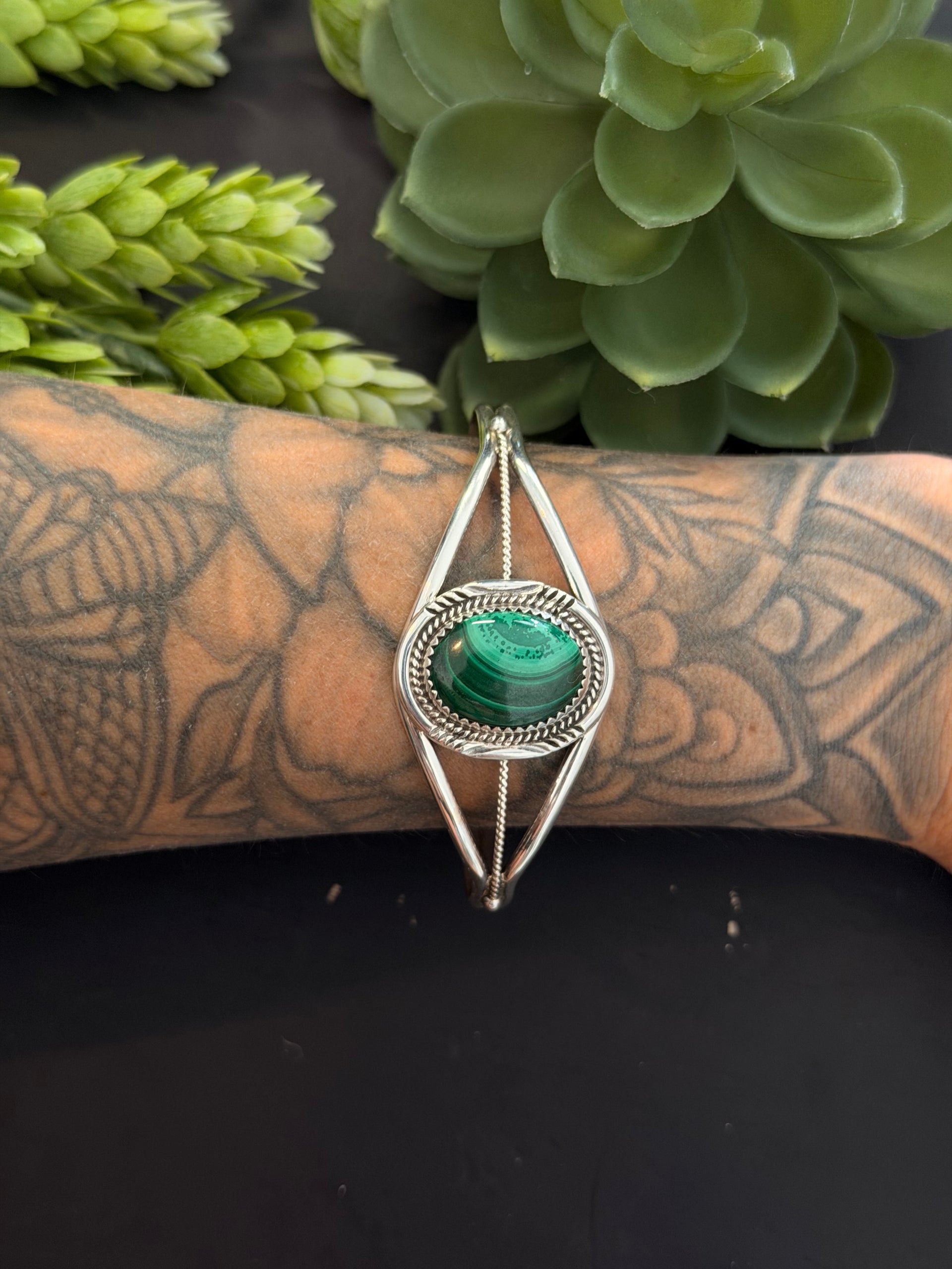 Navajo Made Malachite & Sterling Silver Cuff Bracelet