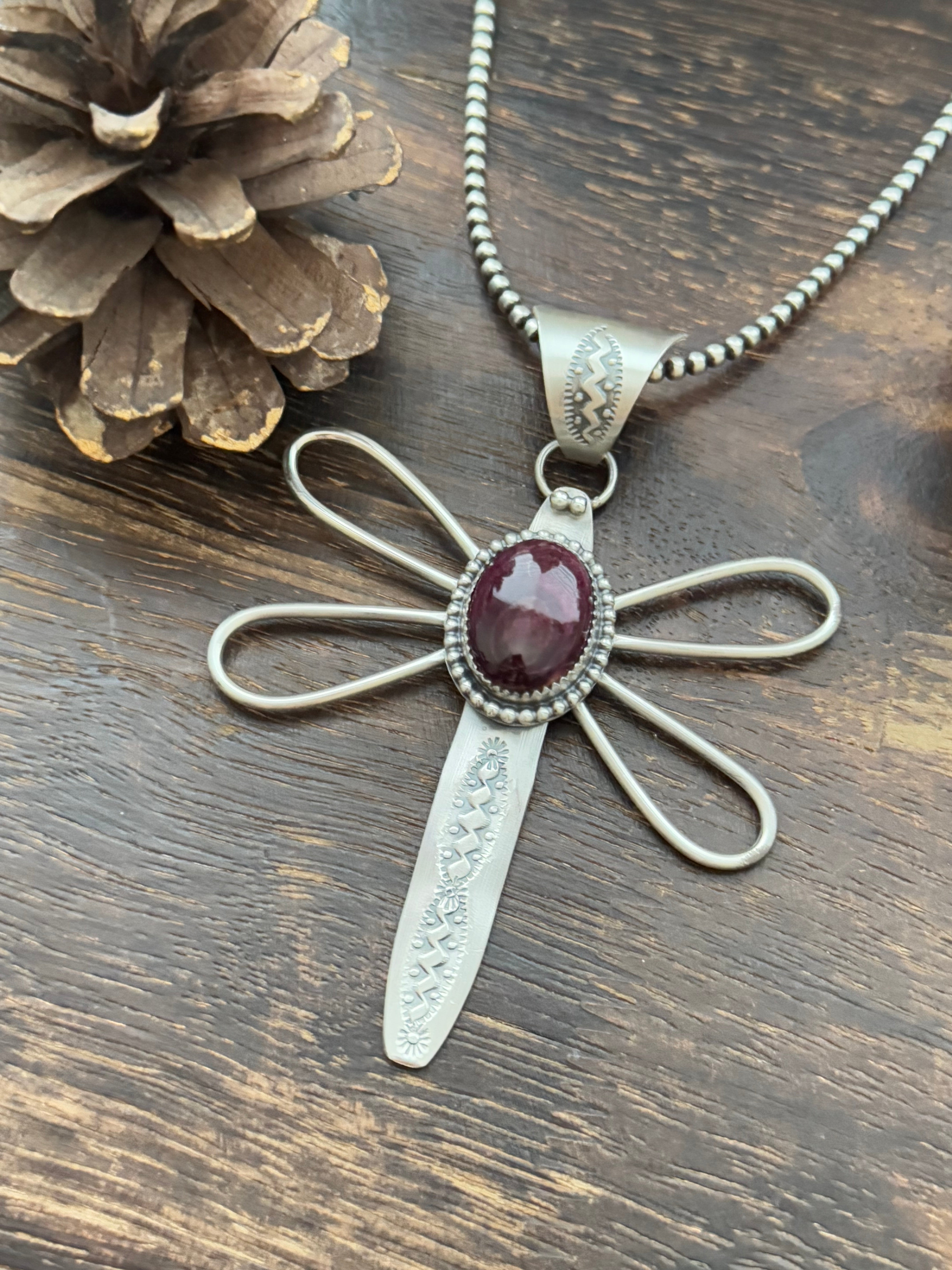 Delbert Secatero Purple Spiny Oyster & Sterling Silver Dragonfly Pendant