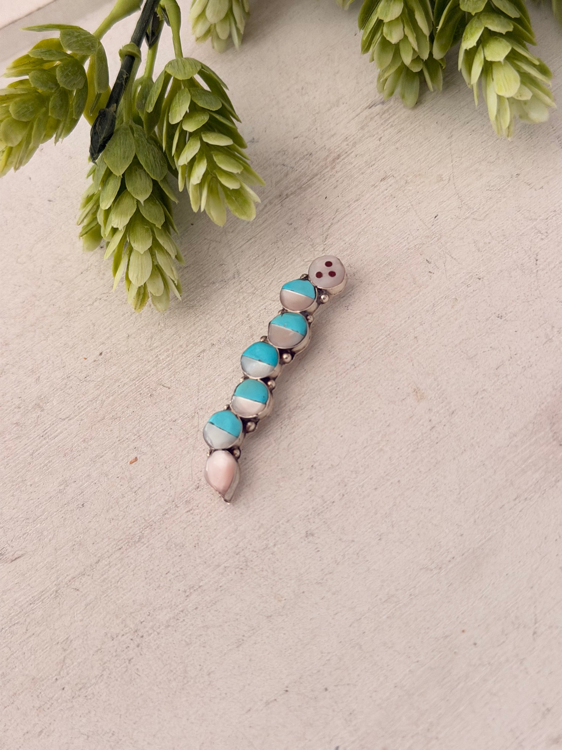 Zuni Made Multi Stone & Sterling Silver Caterpillar Pin